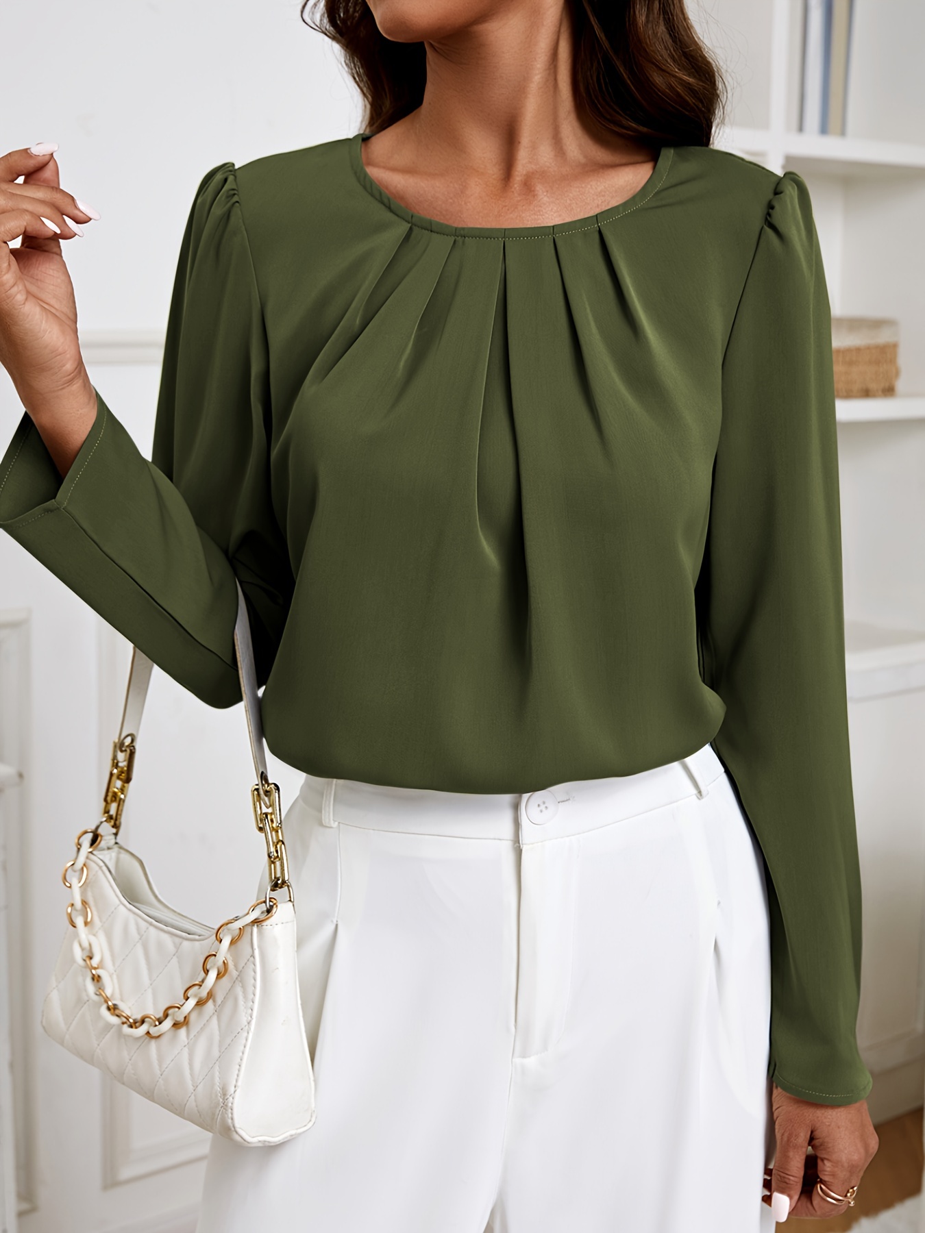 solid crew neck ruched blouse elegant long sleeve blouse for spring fall womens clothing details 24