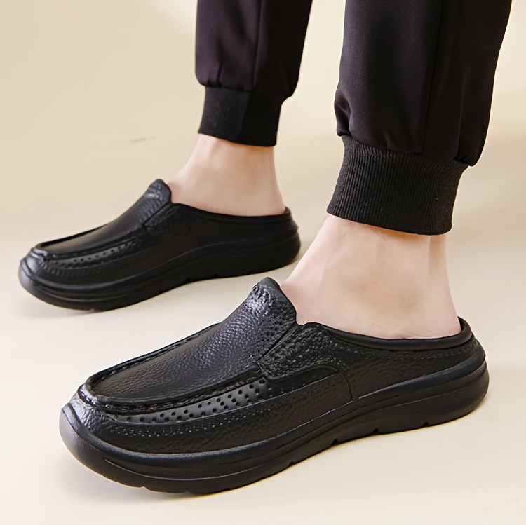 mens faux leather stylish solid backless shoes wear resistant anti skid slip on casual slippers for outdoor walking spring and autumn details 1