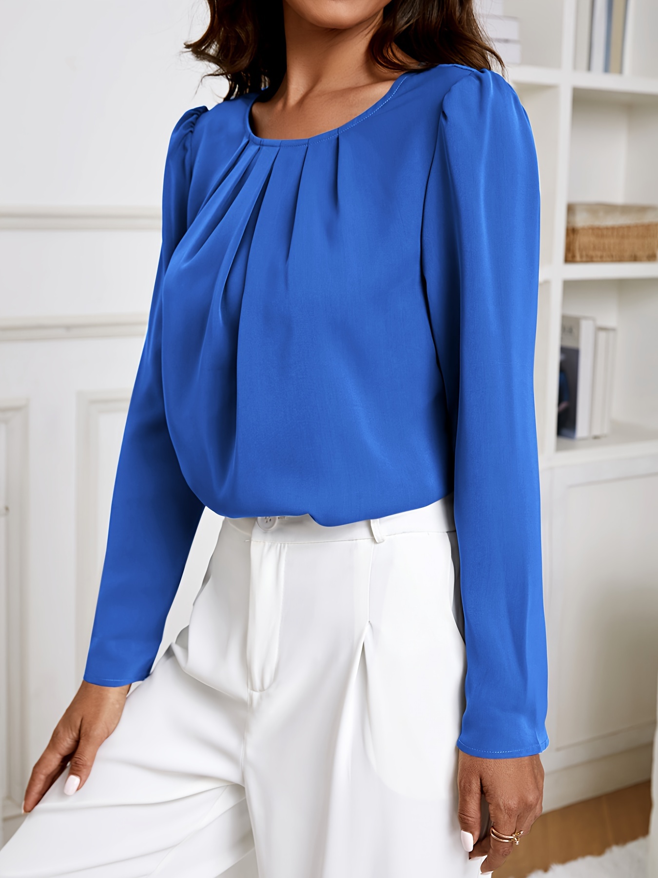 solid crew neck ruched blouse elegant long sleeve blouse for spring fall womens clothing details 2