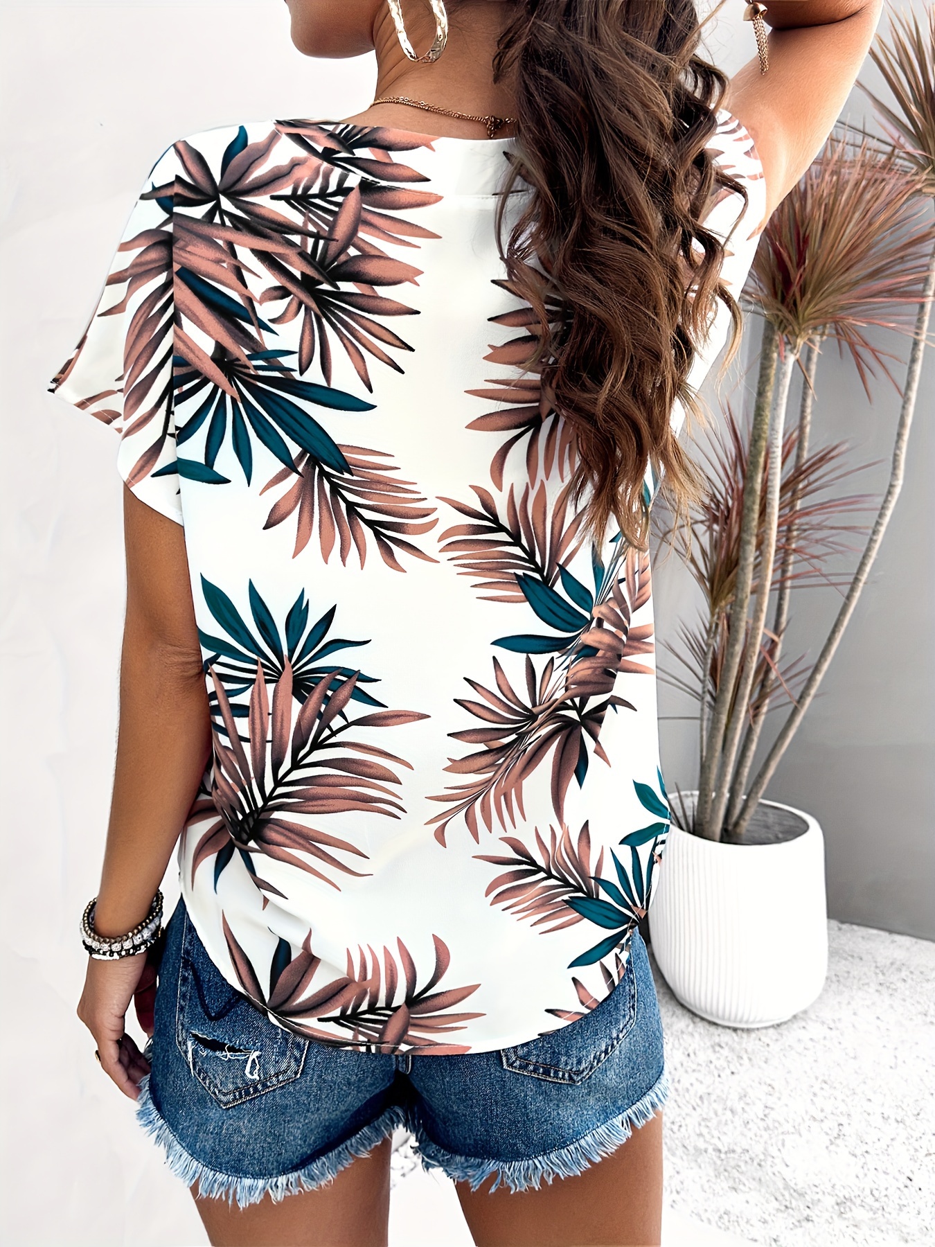 plant print blouse casual v neck short sleeve summer blouse womens clothing details 18