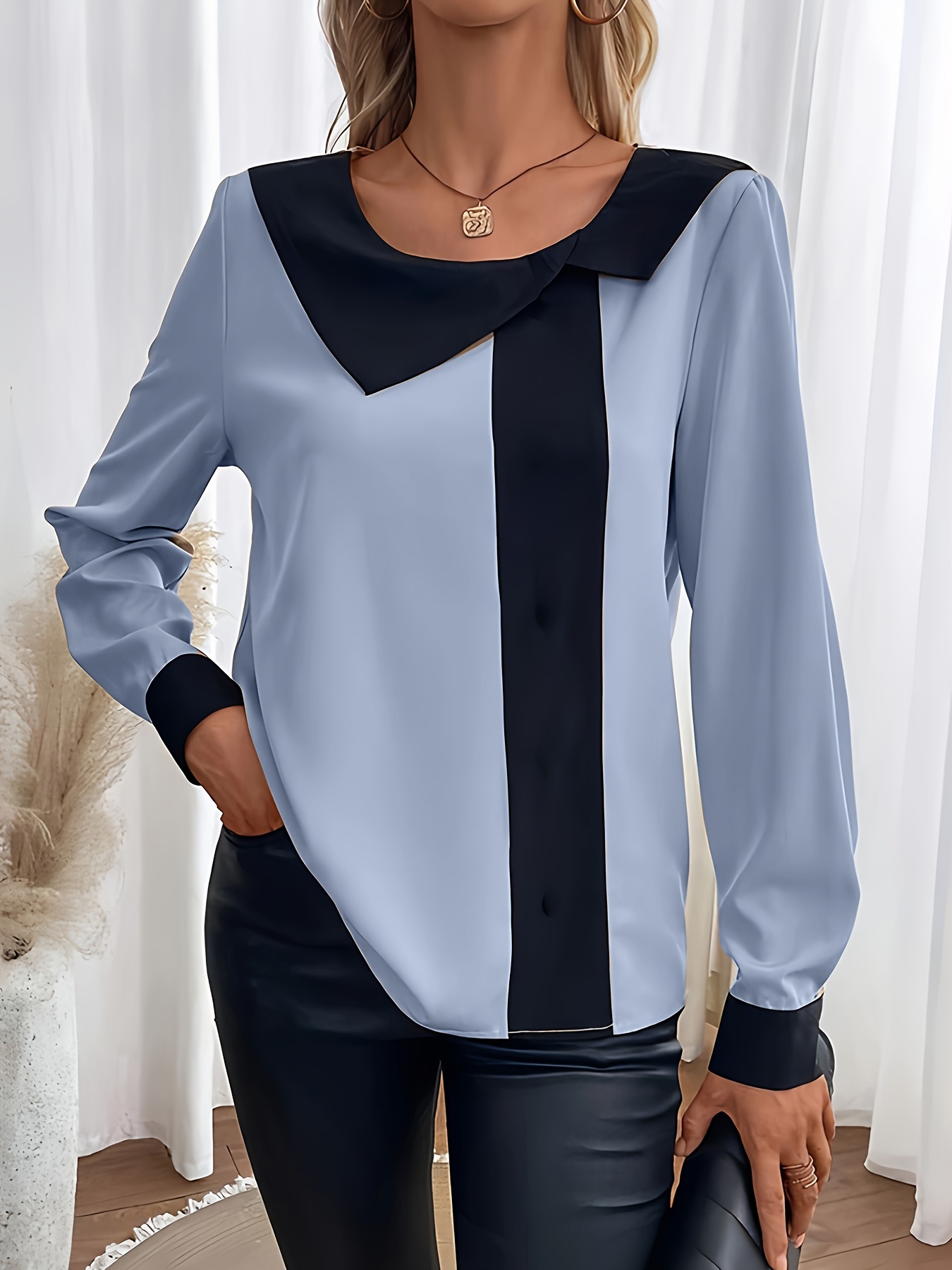 contrast trim collared blouse elegant long sleeve blouse for spring fall womens clothing details 7