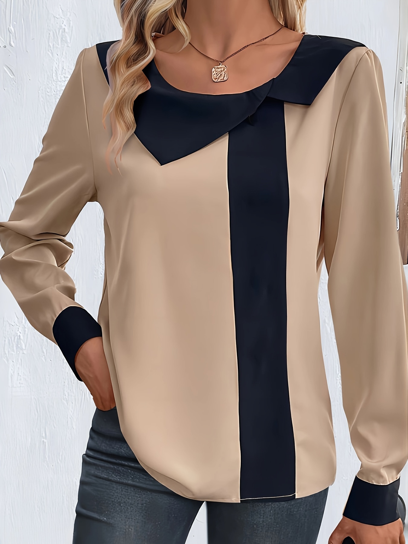 contrast trim collared blouse elegant long sleeve blouse for spring fall womens clothing details 11