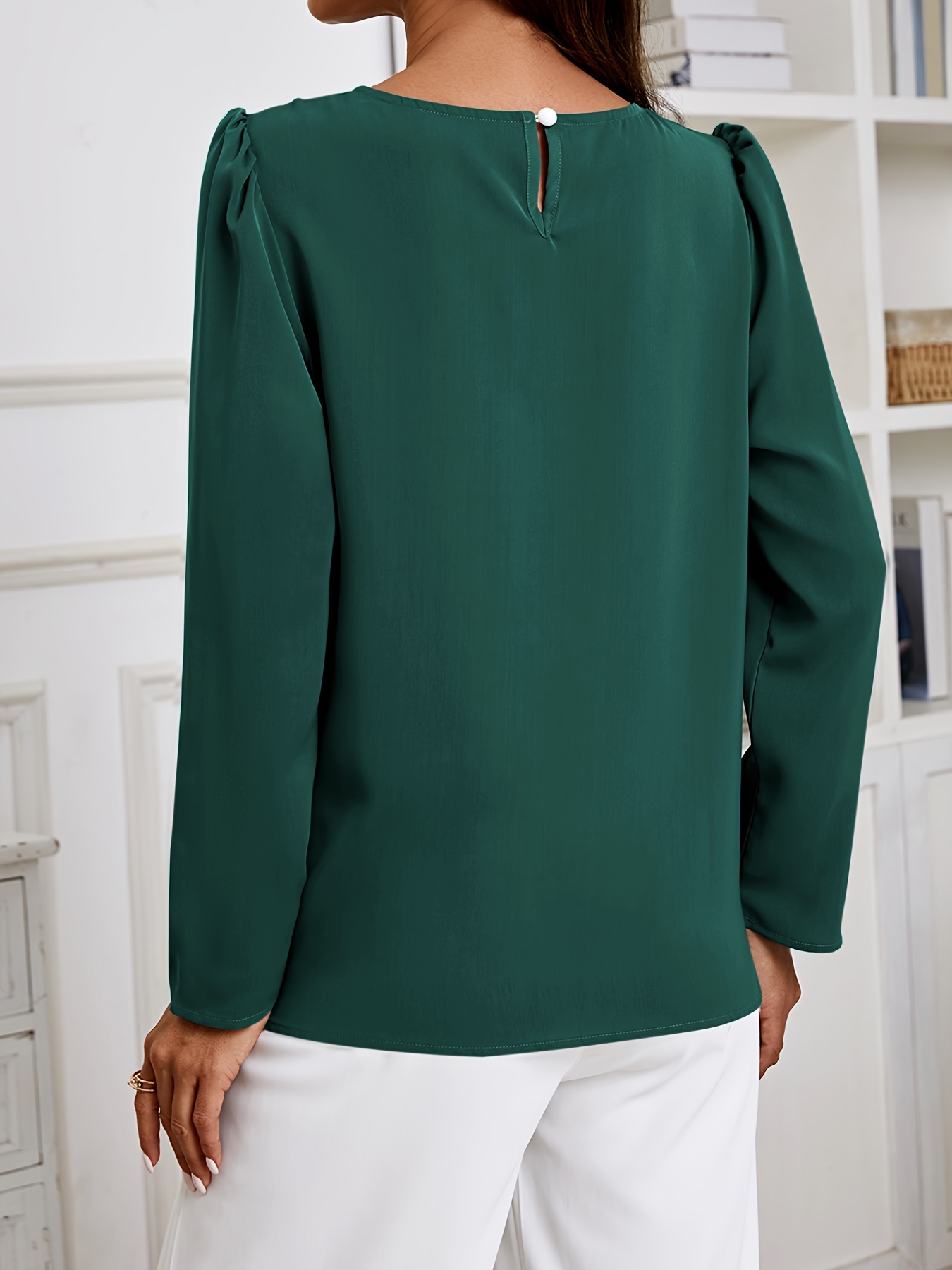 solid crew neck ruched blouse elegant long sleeve blouse for spring fall womens clothing details 15