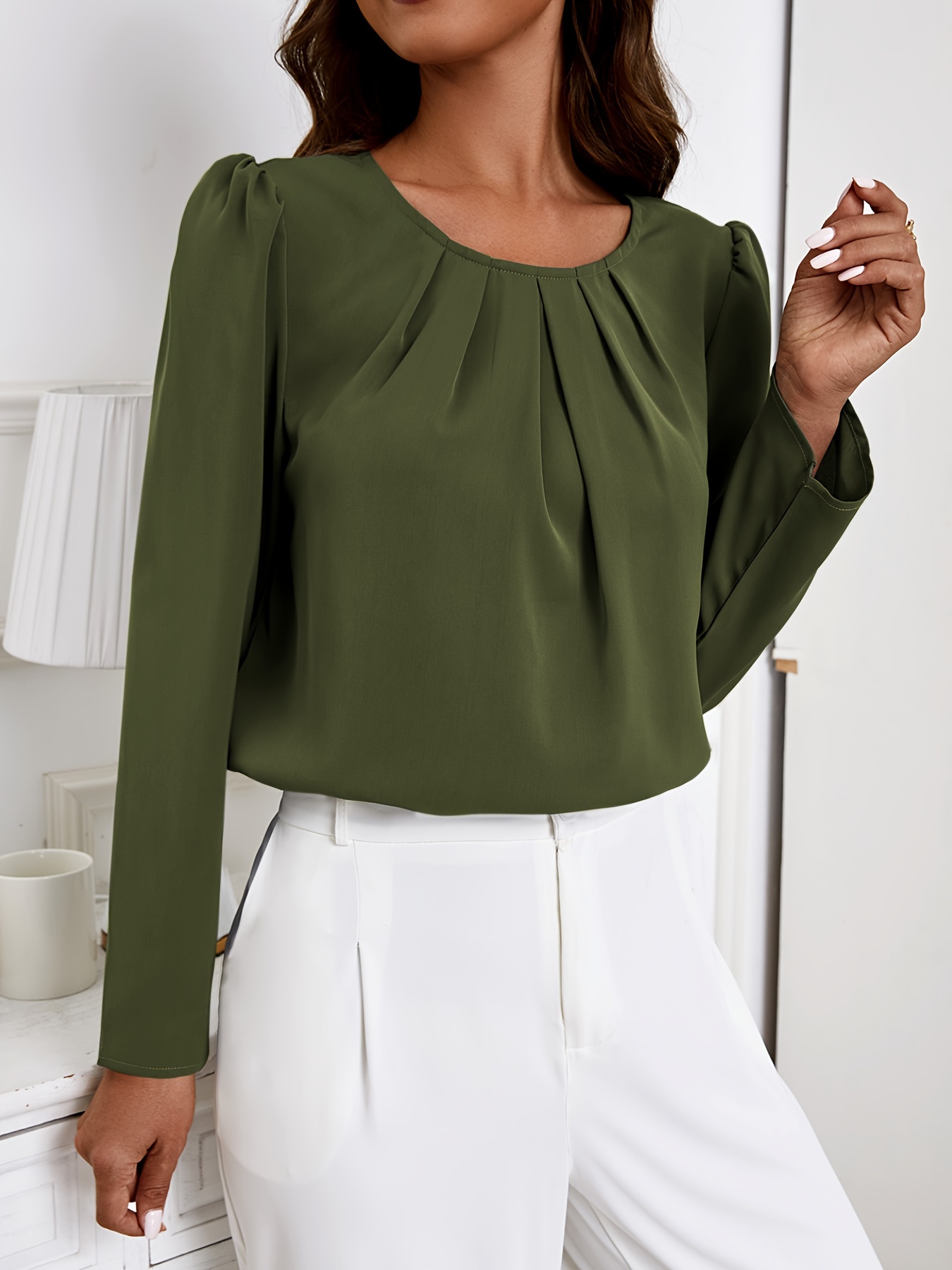 solid crew neck ruched blouse elegant long sleeve blouse for spring fall womens clothing details 26