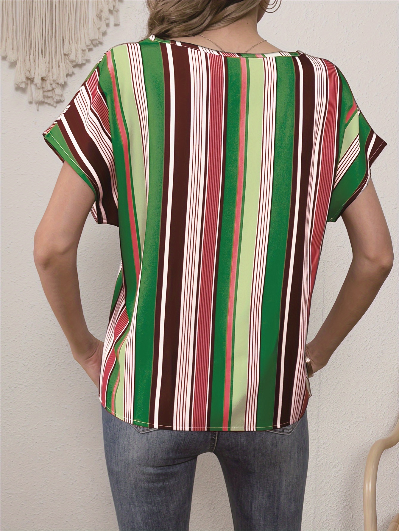 colorful striped blouse elegant crew neck short sleeve comfy blouse womens clothing details 10