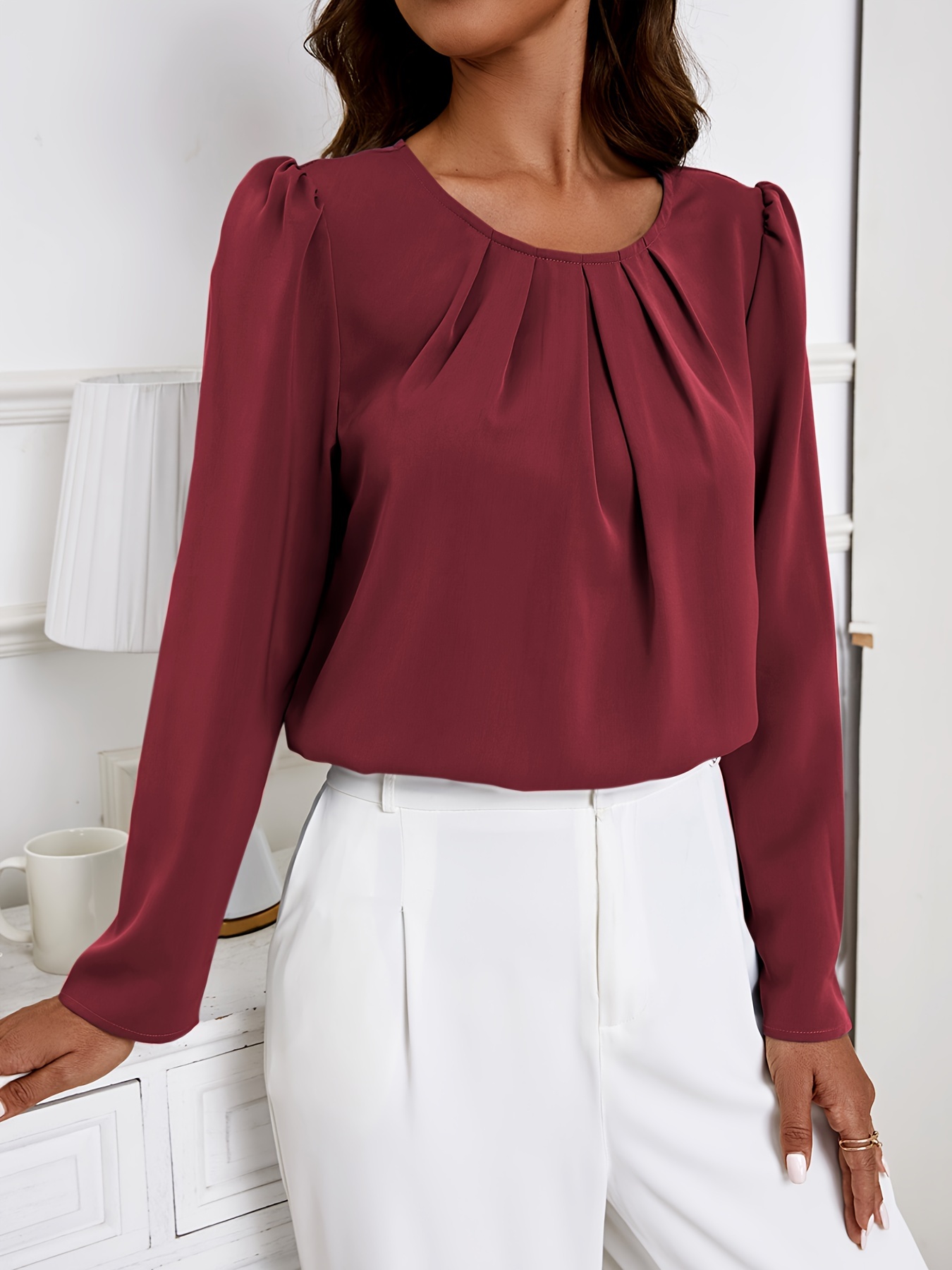 solid crew neck ruched blouse elegant long sleeve blouse for spring fall womens clothing details 10