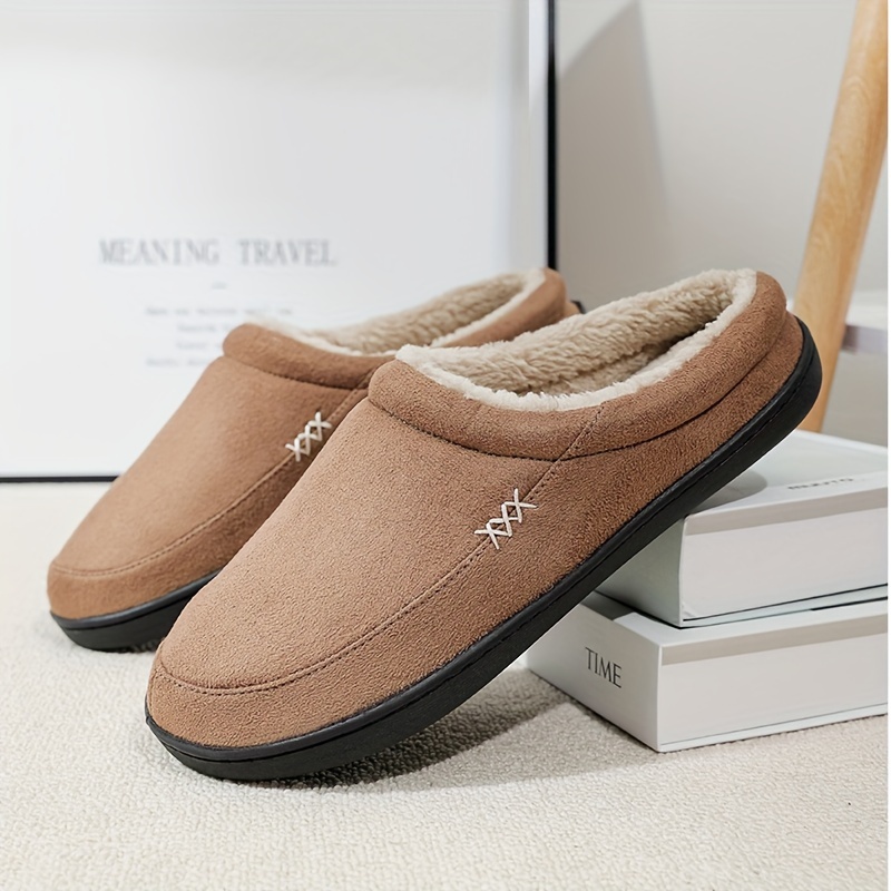 plus size mens solid cozy house slippers lightweight breathable anti skid fuzz lined slip on shoes for indoor walking autumn and winter details 6