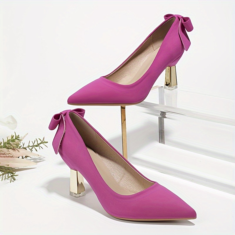 womens back bowknot pumps solid color pointed toe high heels all match banquet dress shoes details 5