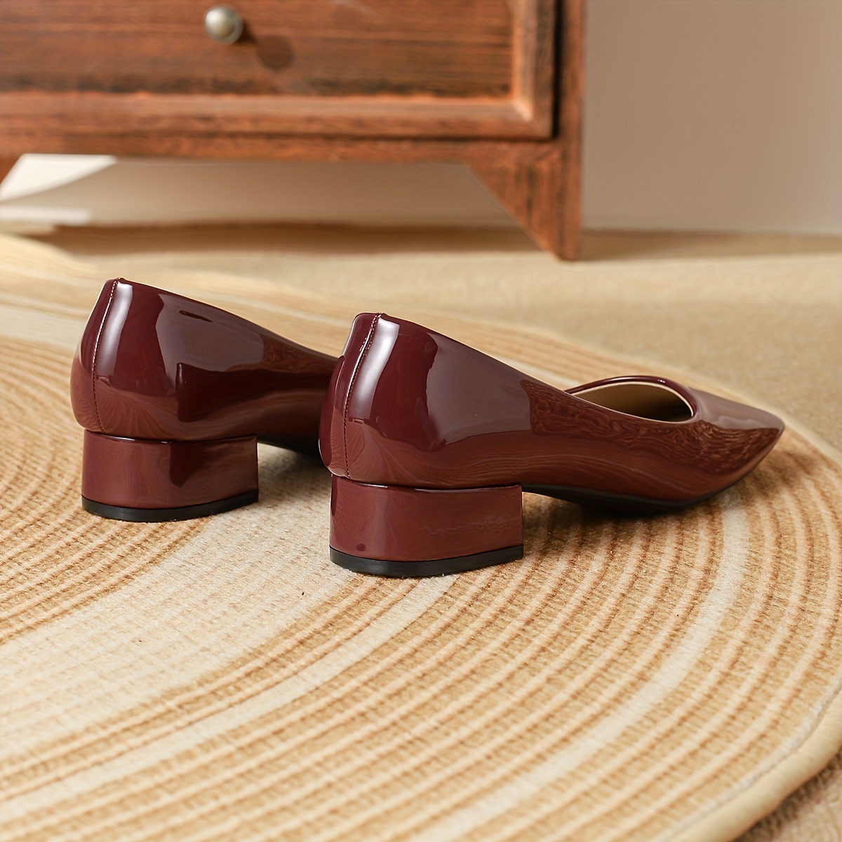 womens square toe chunky heels solid color slip on patent leather shoes all match work shoes details 14