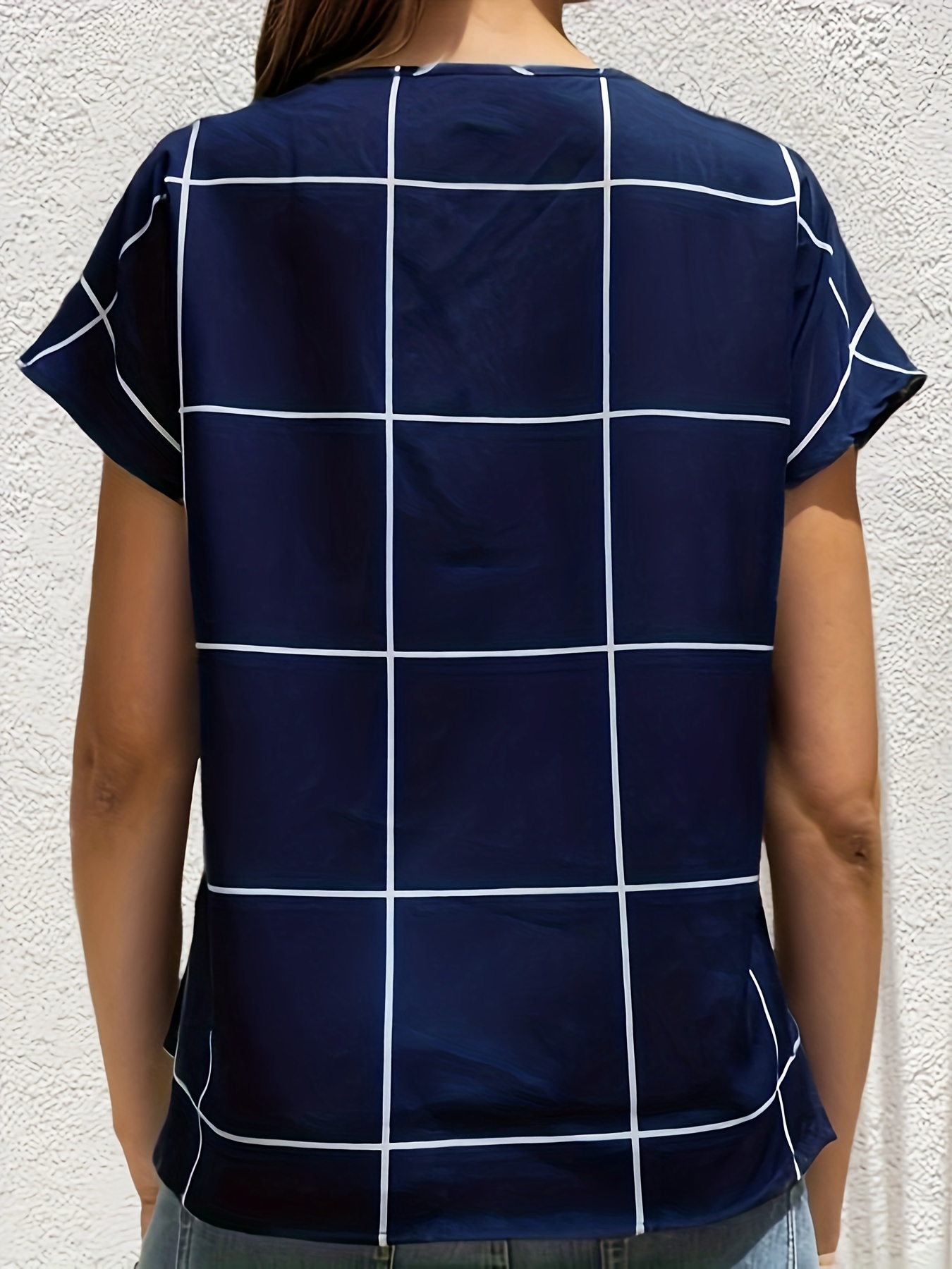 plaid notched neck blouse casual short sleeve blouse for spring summer womens clothing details 2