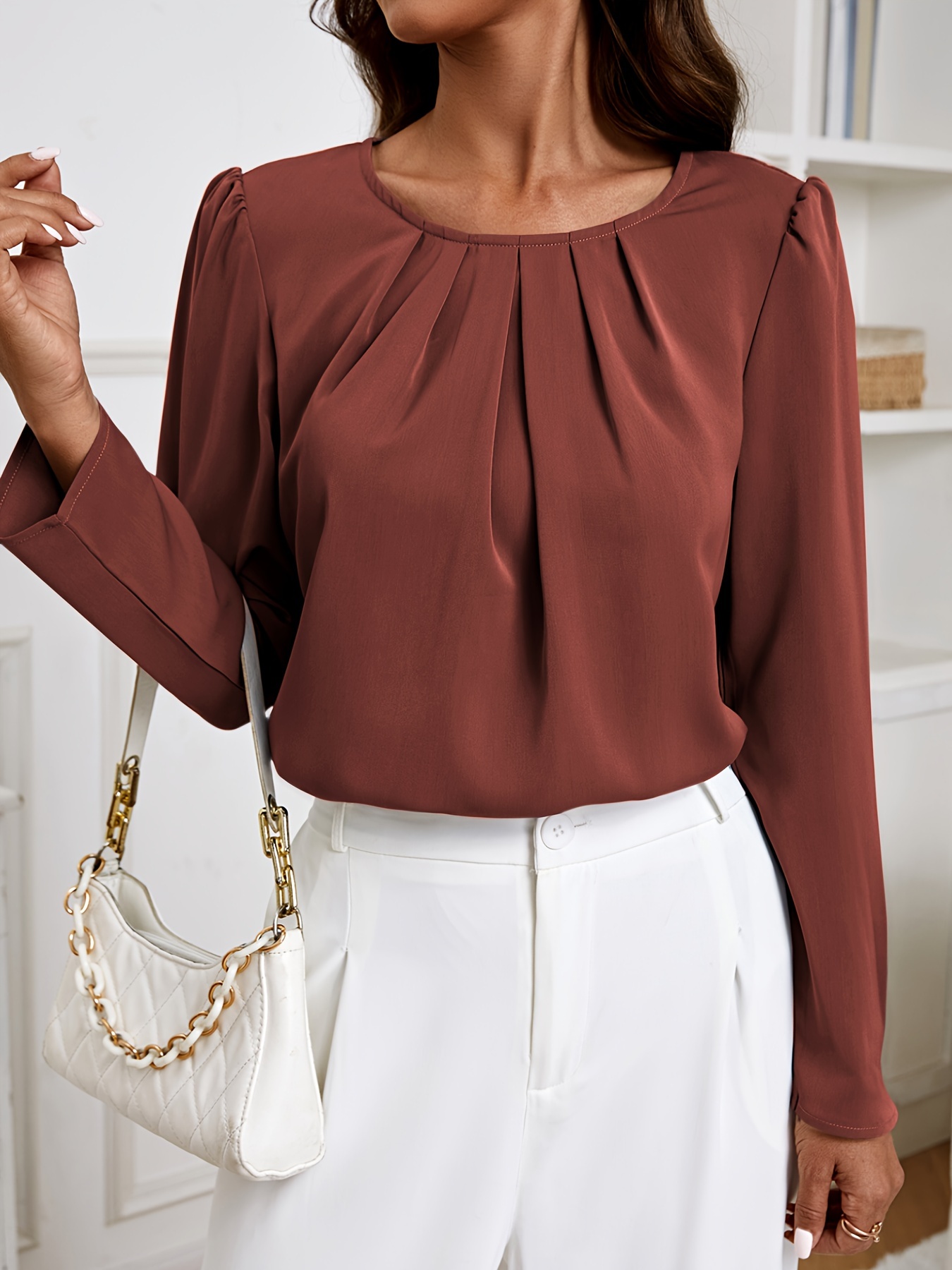 solid crew neck ruched blouse elegant long sleeve blouse for spring fall womens clothing details 36