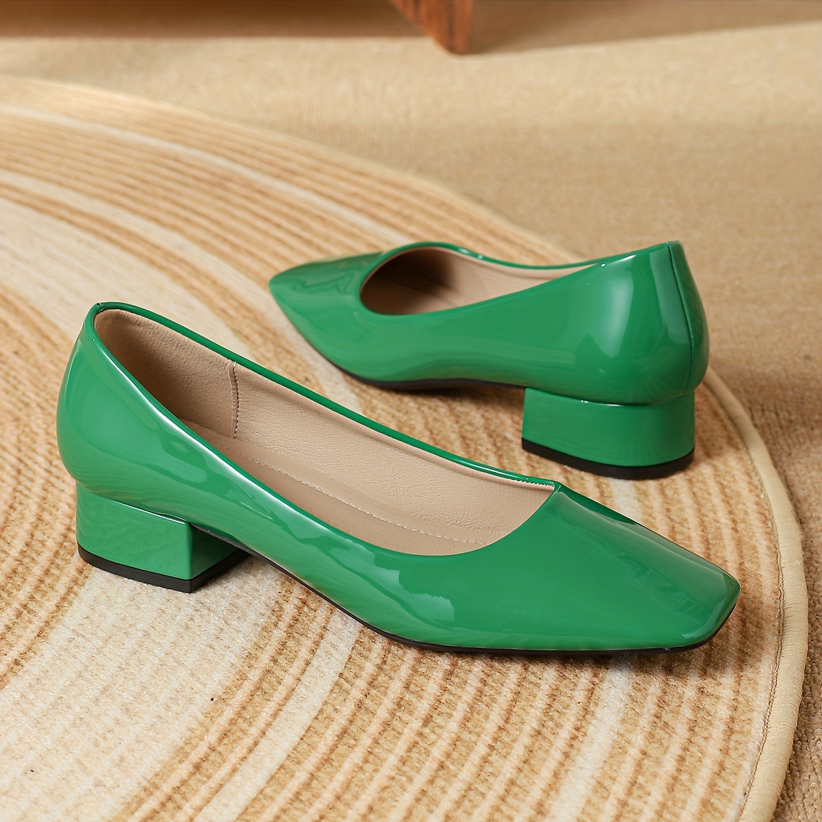 womens square toe chunky heels solid color slip on patent leather shoes all match work shoes details 7