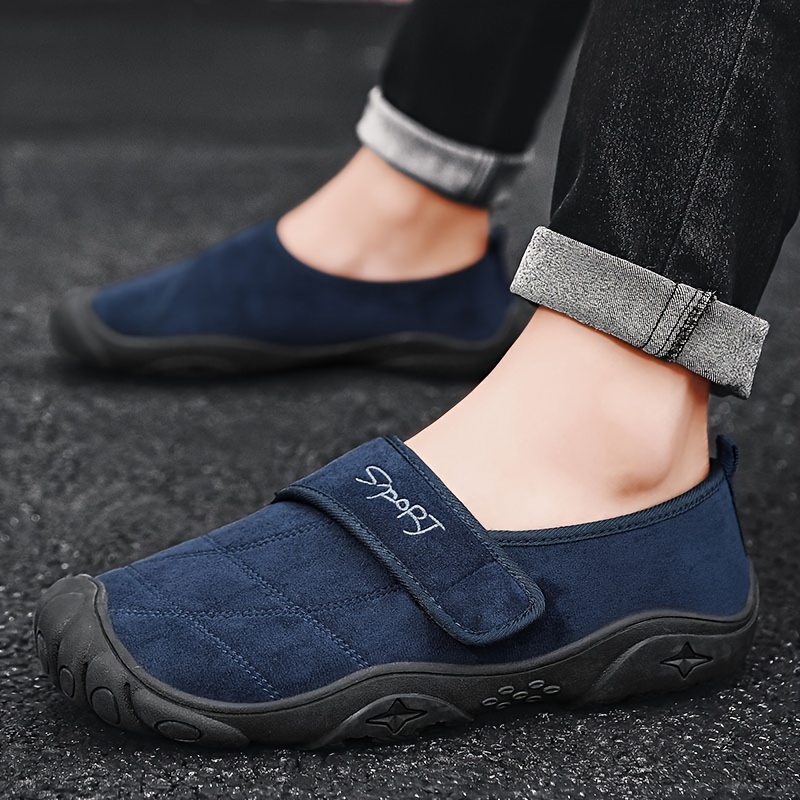 mens solid home slippers with lined fuzz breathable non slip comfy shoes with hook loop fastener for indoor outdoor walking autumn and winter details 2