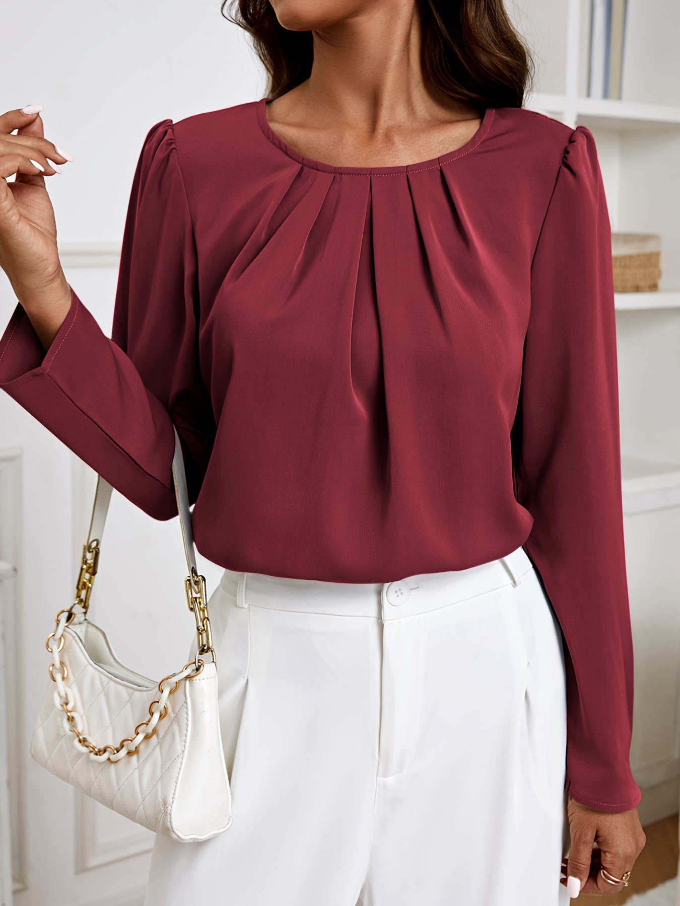 solid crew neck ruched blouse elegant long sleeve blouse for spring fall womens clothing details 6