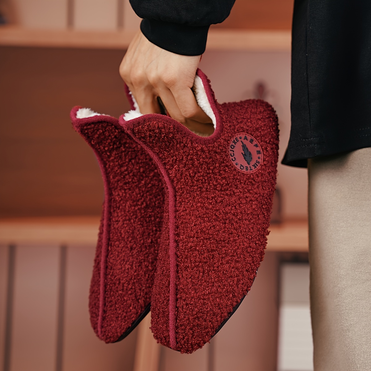 mens plush casual home slippers fuzz lined casual lightweight anti skid slip on shoes for indoor walking autumn and winter details 7