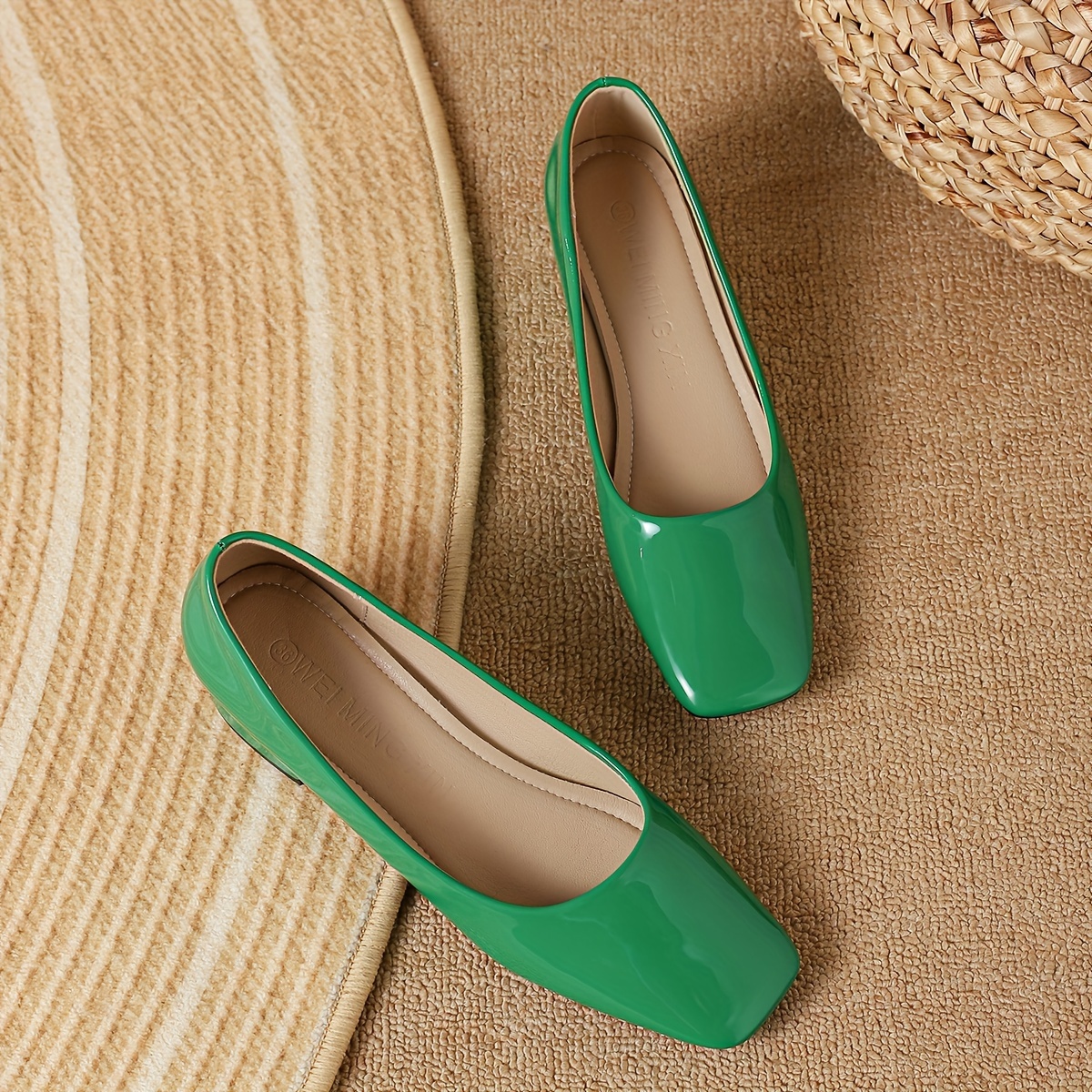 womens square toe chunky heels solid color slip on patent leather shoes all match work shoes details 8