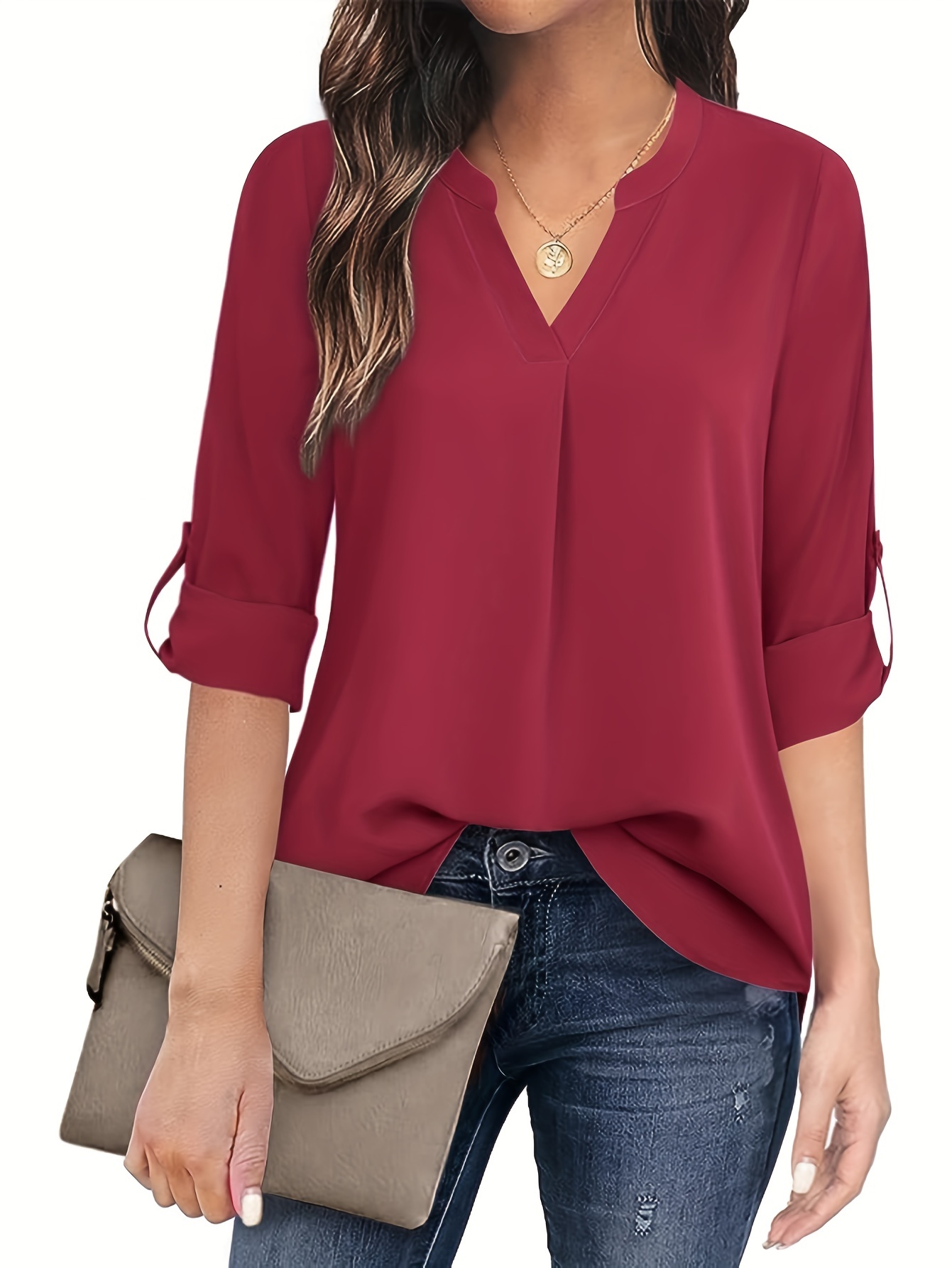 solid notch neck blouse casual three quarter sleeve blouse womens clothing details 5