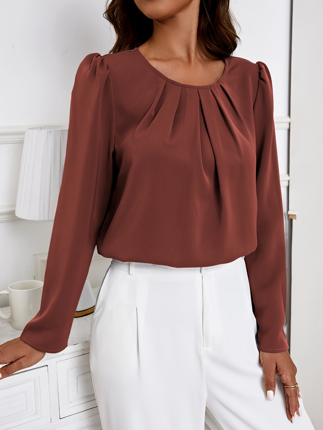 solid crew neck ruched blouse elegant long sleeve blouse for spring fall womens clothing details 40