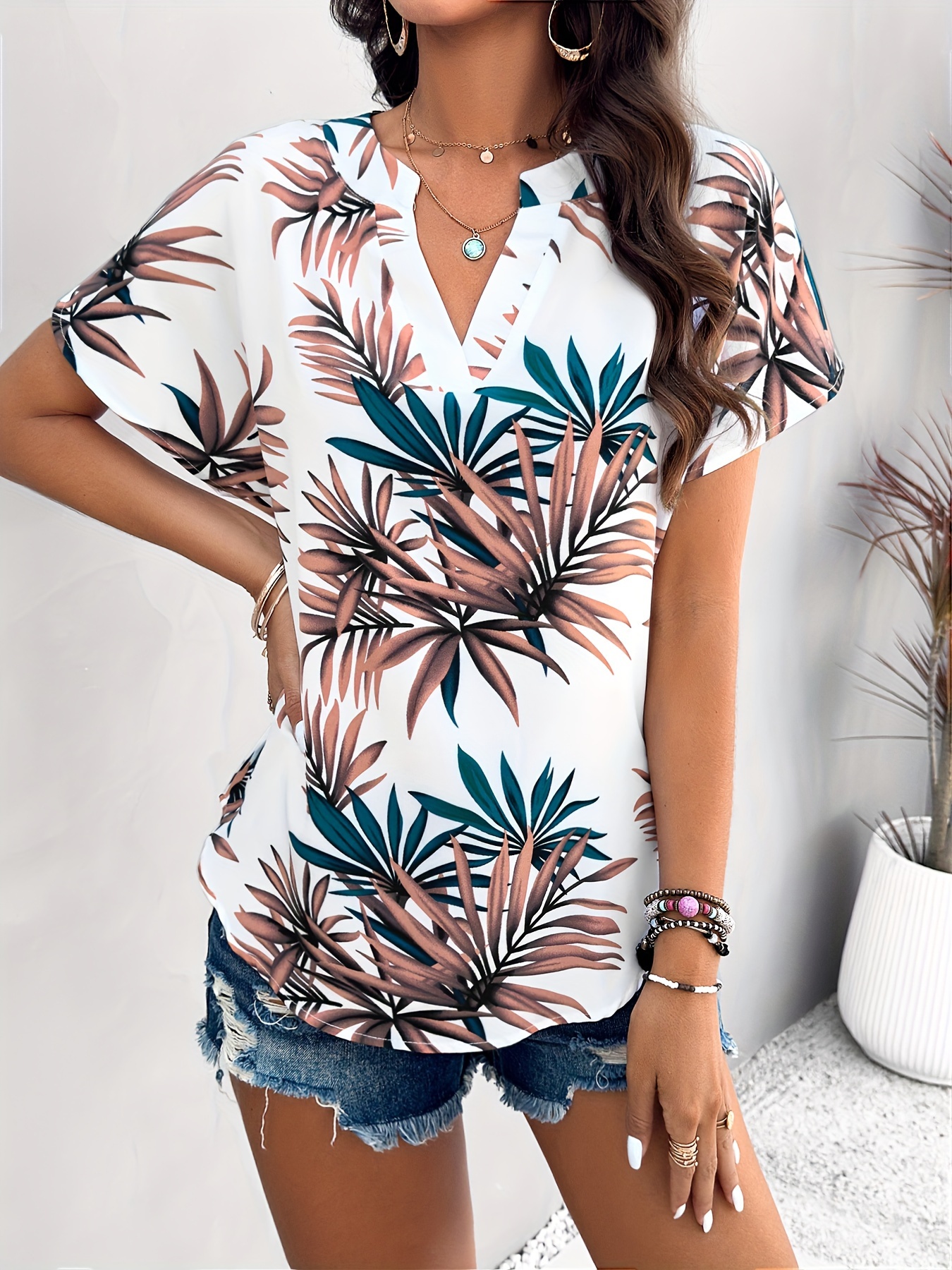 plant print blouse casual v neck short sleeve summer blouse womens clothing details 19