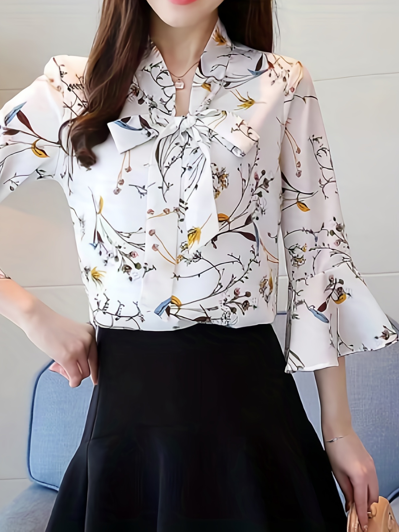 floral print tie neck blouse elegant flared sleeve work blouse womens clothing details 3