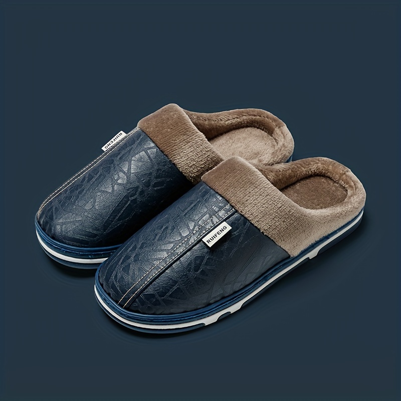 mens soft cozy house slippers anti skid fuzz lined slip on shoes with pu leather uppers for indoor walking autumn and winter details 2