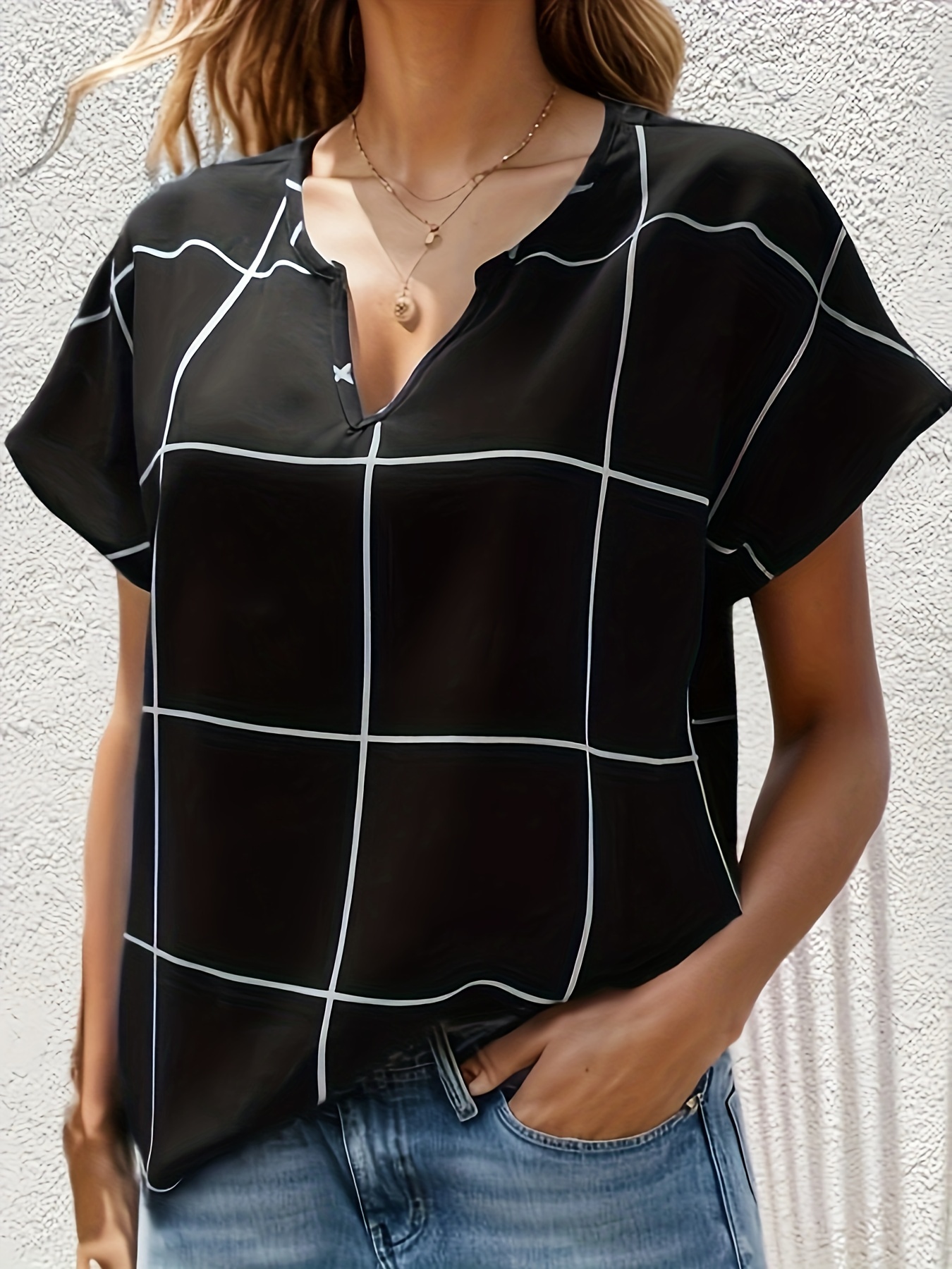 plaid notched neck blouse casual short sleeve blouse for spring summer womens clothing details 40