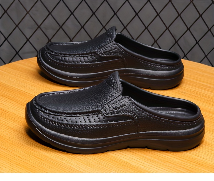 mens faux leather stylish solid backless shoes wear resistant anti skid slip on casual slippers for outdoor walking spring and autumn details 0