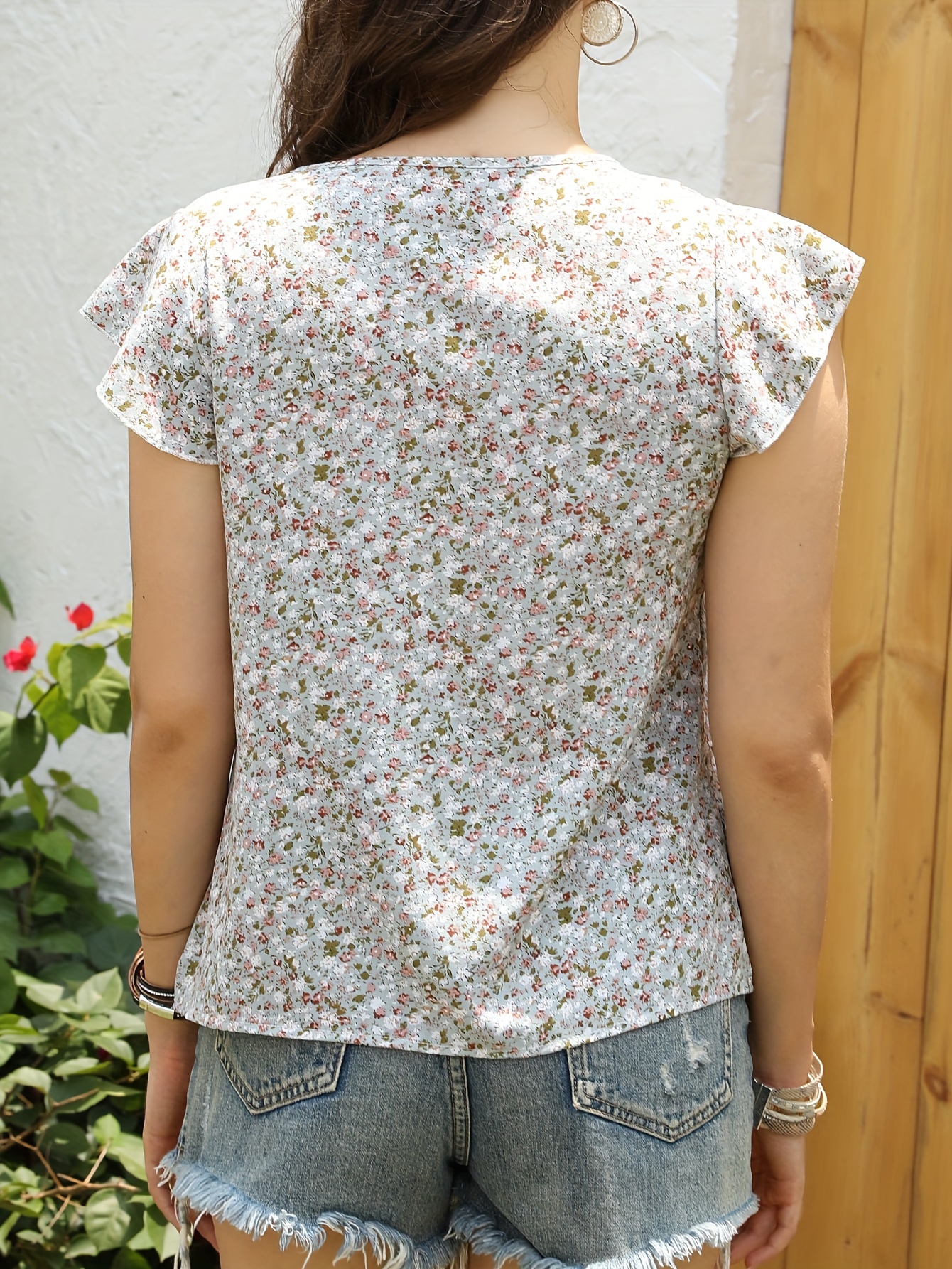 ditsy floral print blouse casual crew neck ruffle sleeve blouse womens clothing details 9