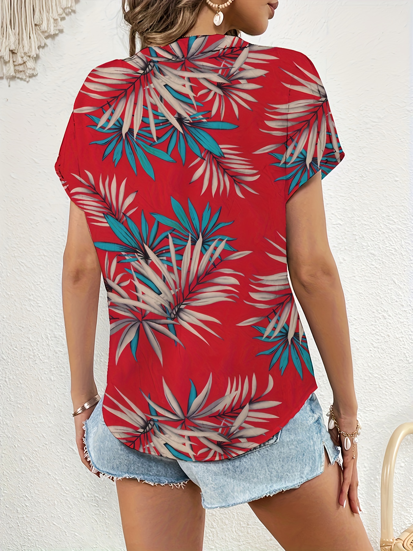 plant print blouse casual v neck short sleeve summer blouse womens clothing details 6