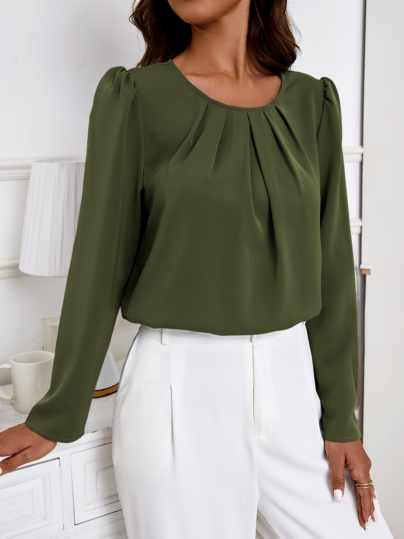 solid crew neck ruched blouse elegant long sleeve blouse for spring fall womens clothing details 28