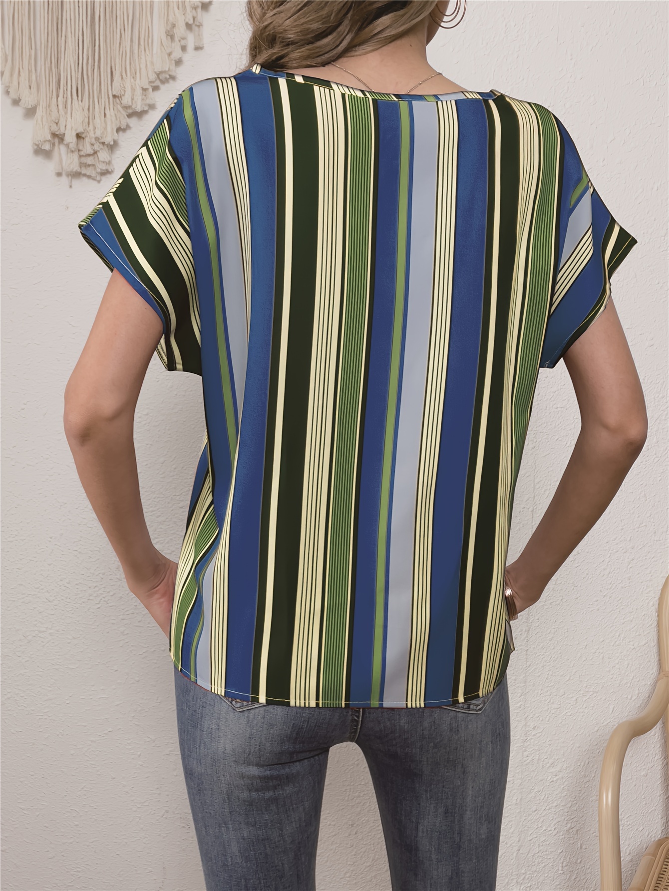 colorful striped blouse elegant crew neck short sleeve comfy blouse womens clothing details 1