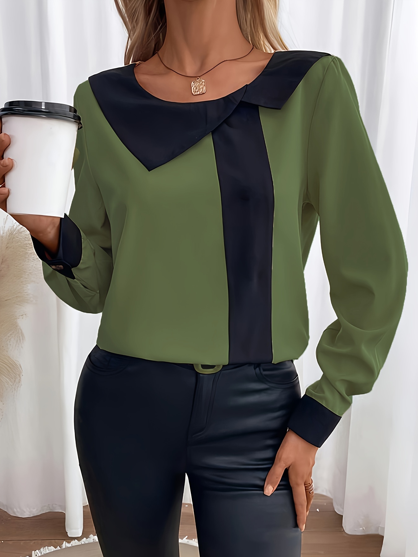 contrast trim collared blouse elegant long sleeve blouse for spring fall womens clothing details 4