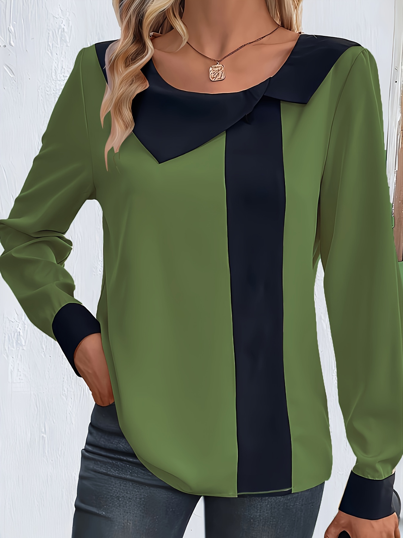 contrast trim collared blouse elegant long sleeve blouse for spring fall womens clothing details 0