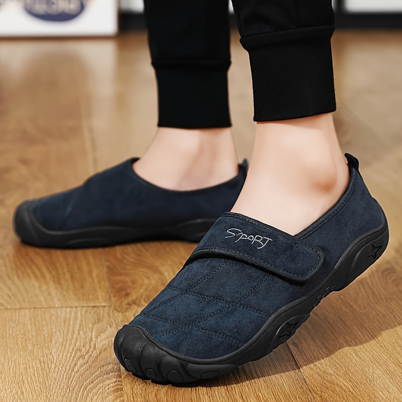mens solid home slippers with lined fuzz breathable non slip comfy shoes with hook loop fastener for indoor outdoor walking autumn and winter details 3