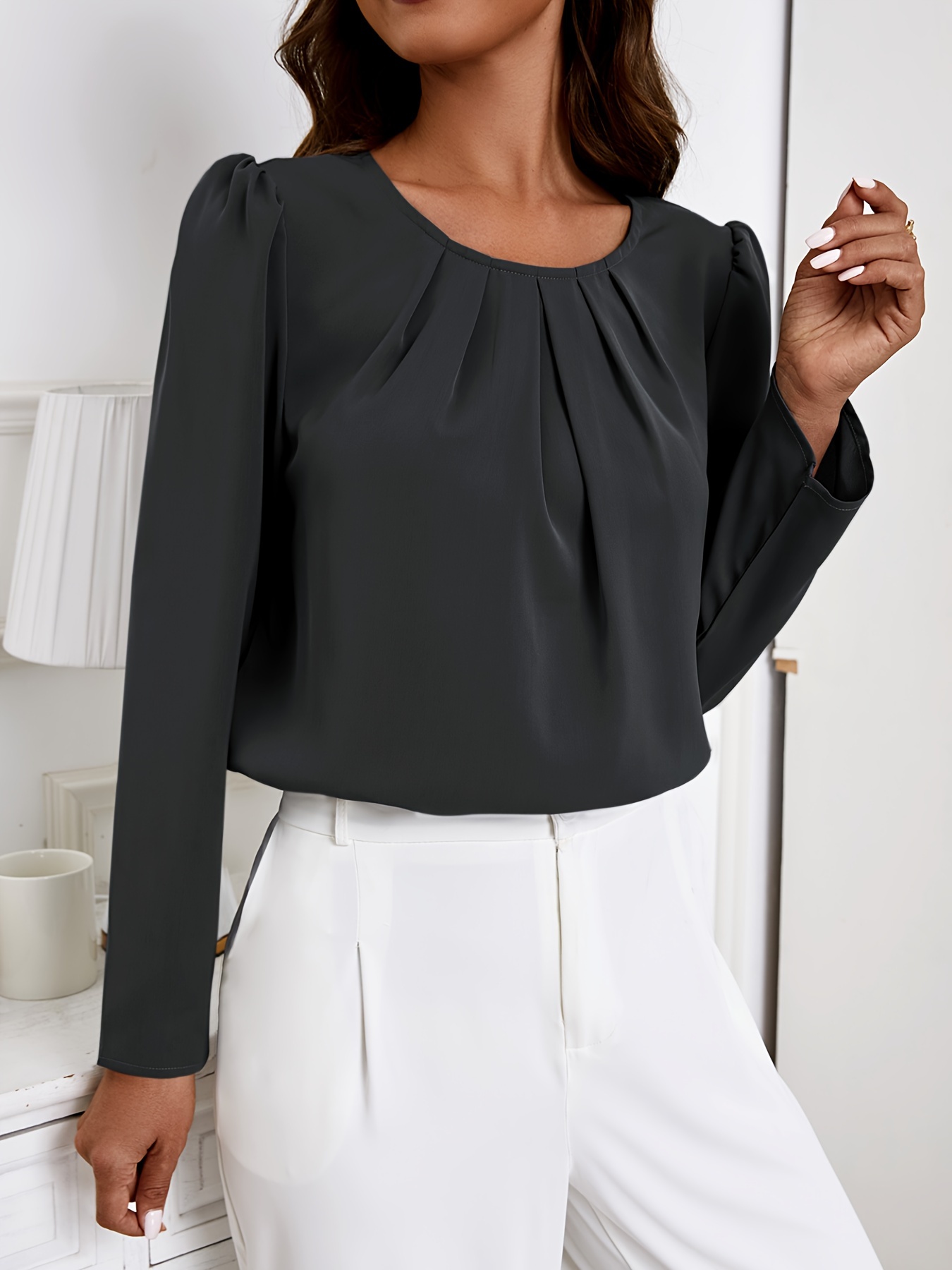 solid crew neck ruched blouse elegant long sleeve blouse for spring fall womens clothing details 47