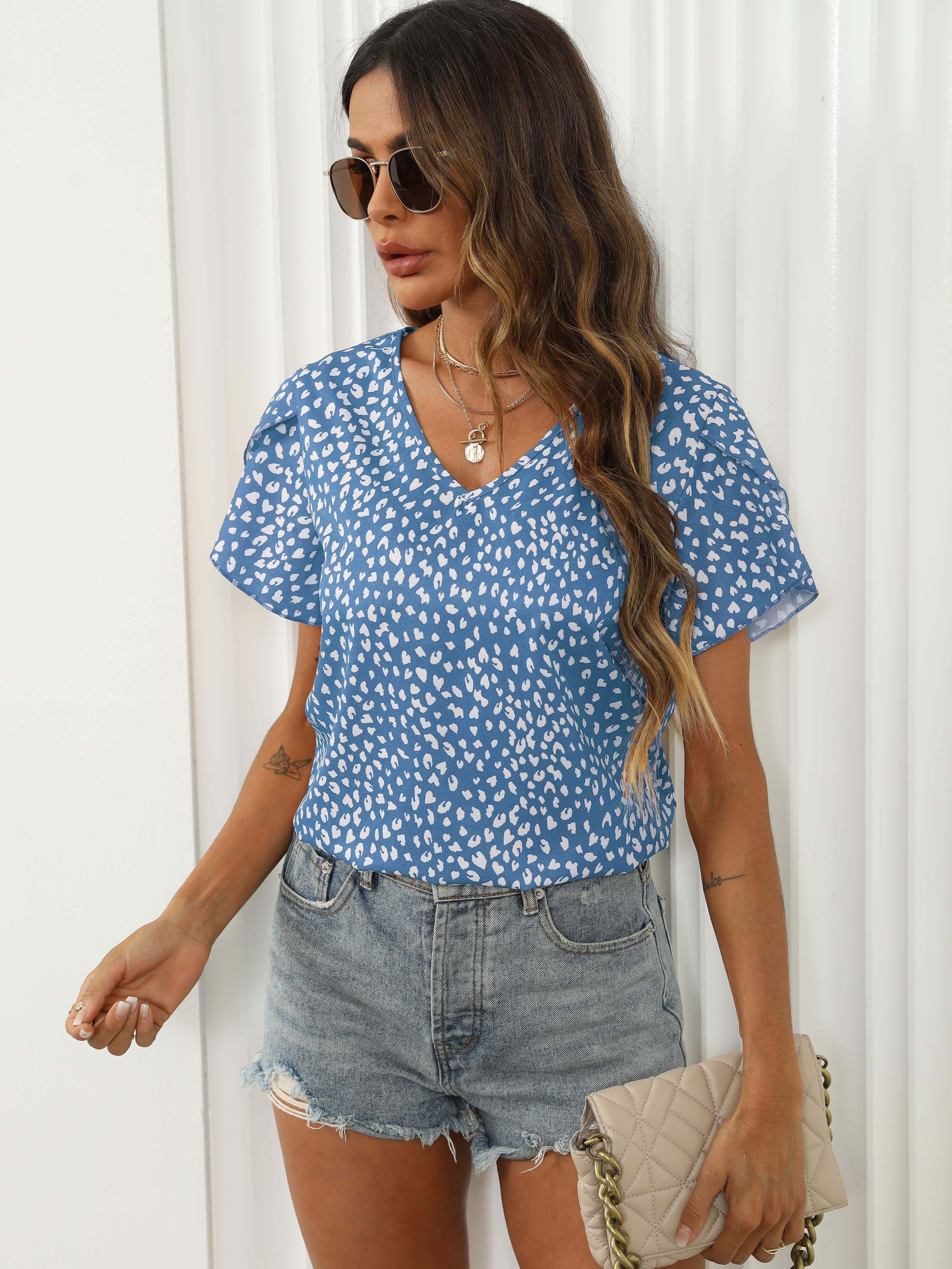 leopard print v neck blouse petal sleeve casual blouse for spring summer womens clothing details 22