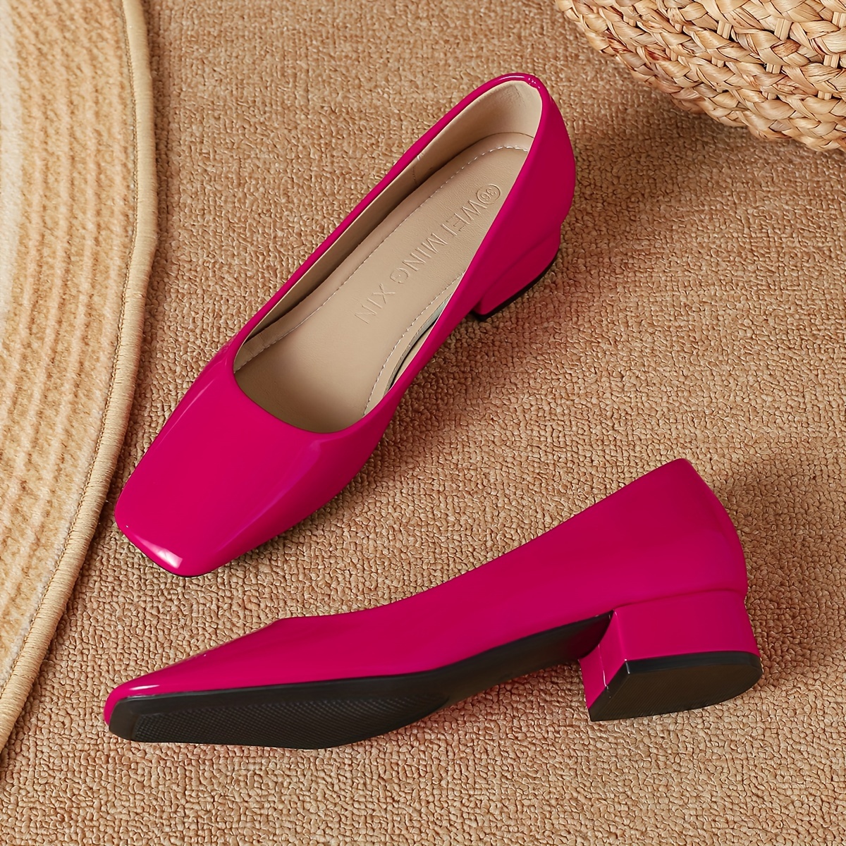 womens square toe chunky heels solid color slip on patent leather shoes all match work shoes details 3