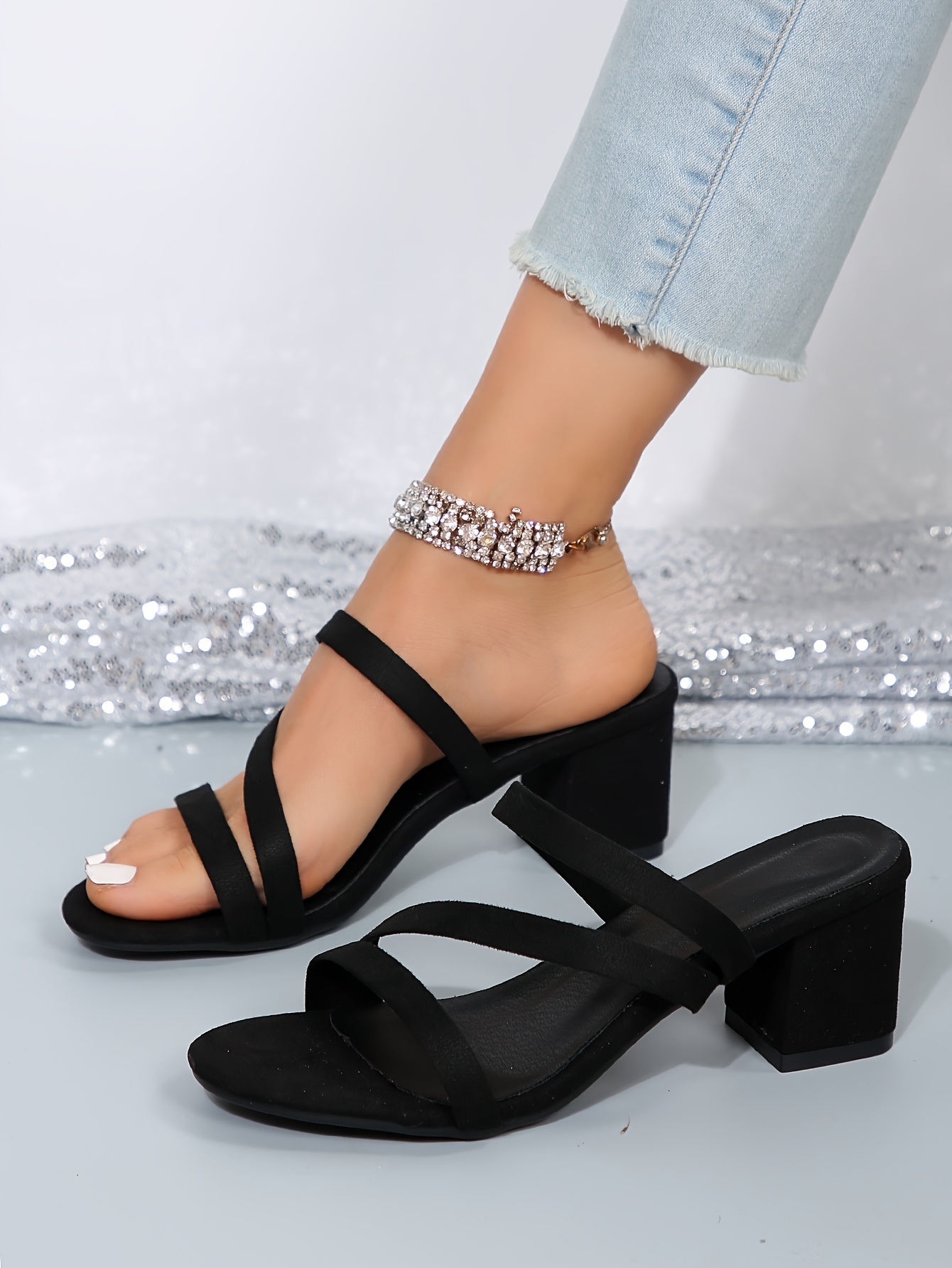 womens chunky heeled sandals open toe slip on mid heels all match daily sandals details 7