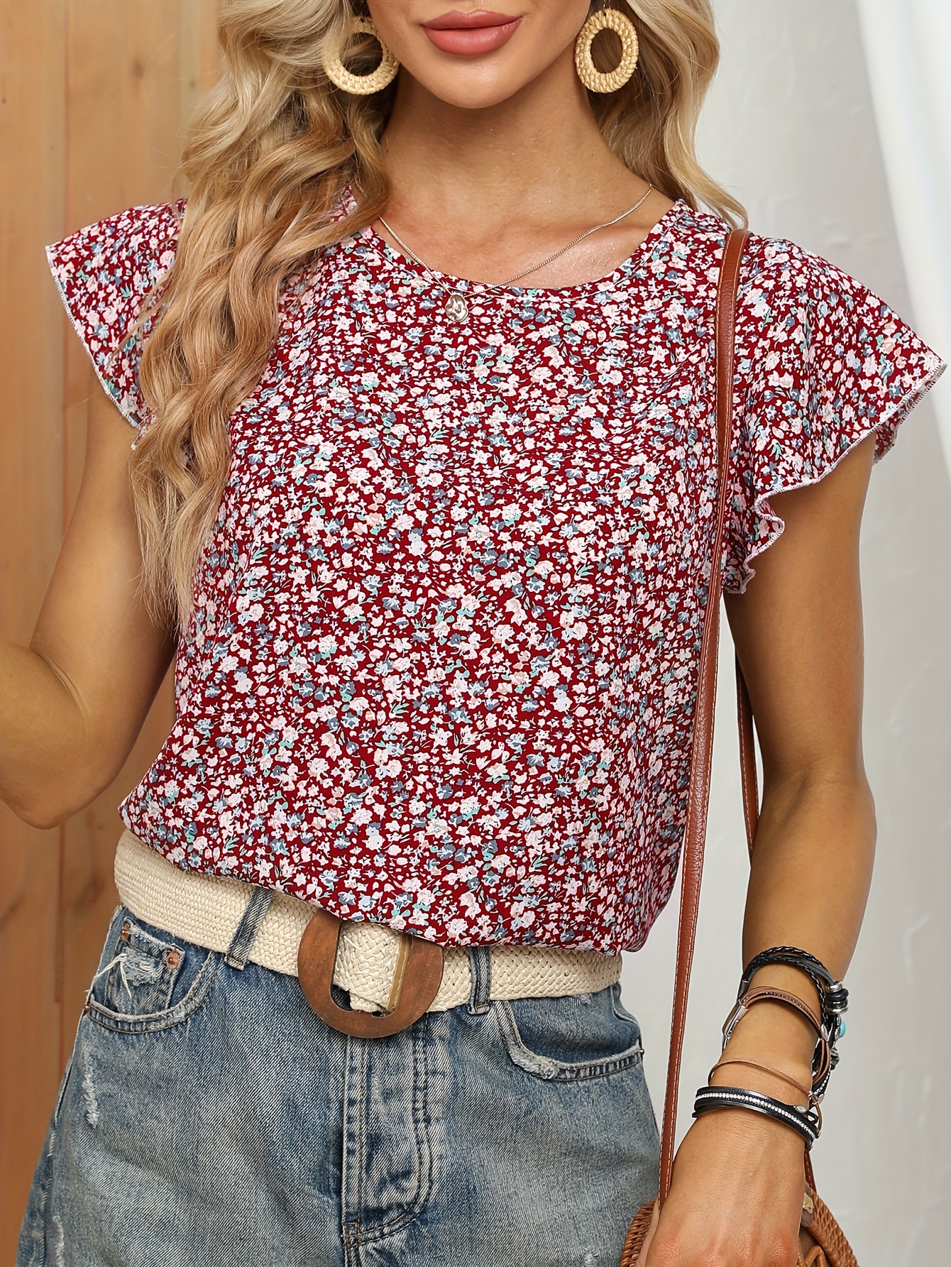 floral print crew neck blouse casual ruffle sleeve blouse for spring summer womens clothing details 24