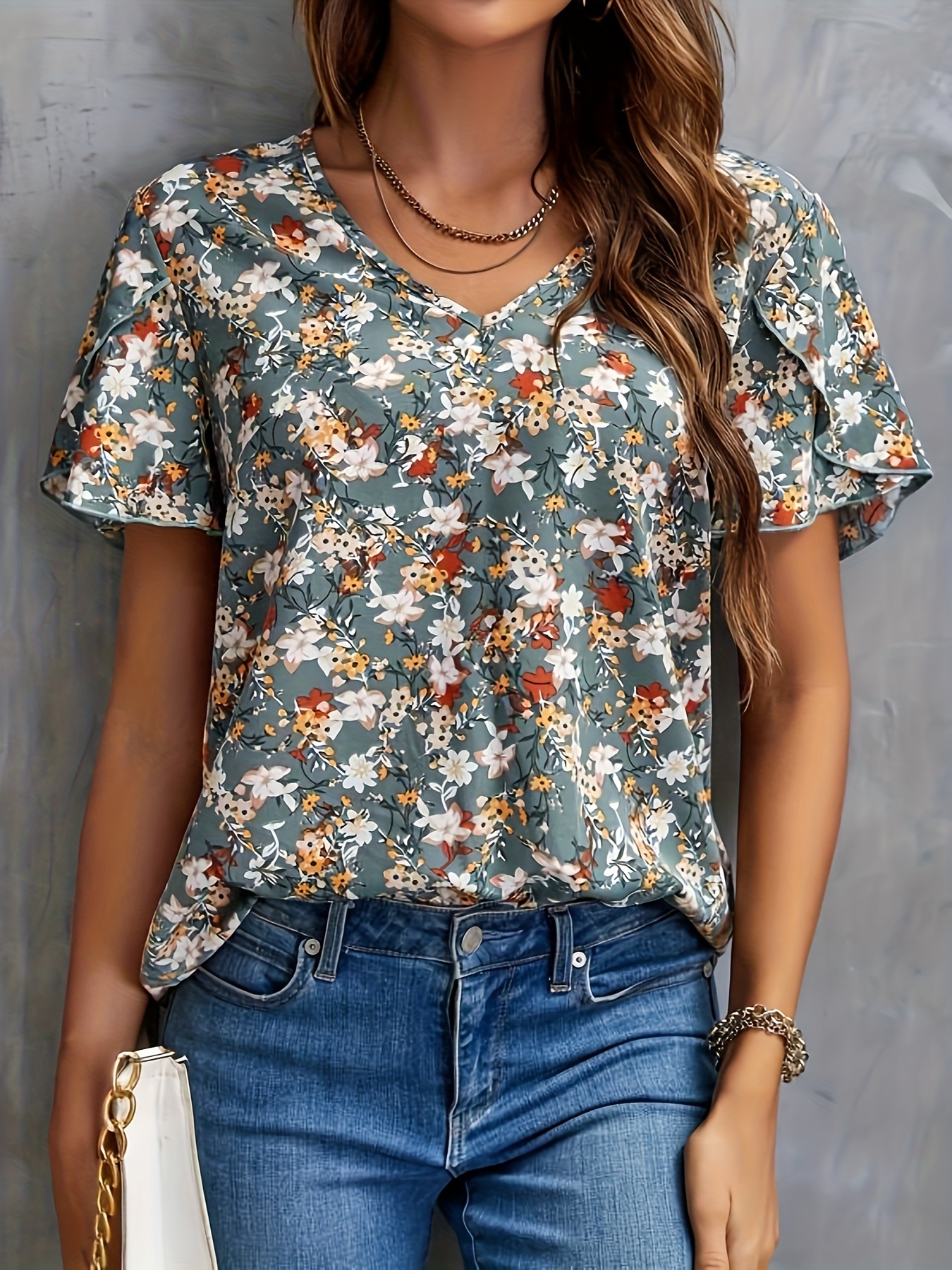 allover print v neck blouse elegant short sleeve blouse for spring summer womens clothing details 0