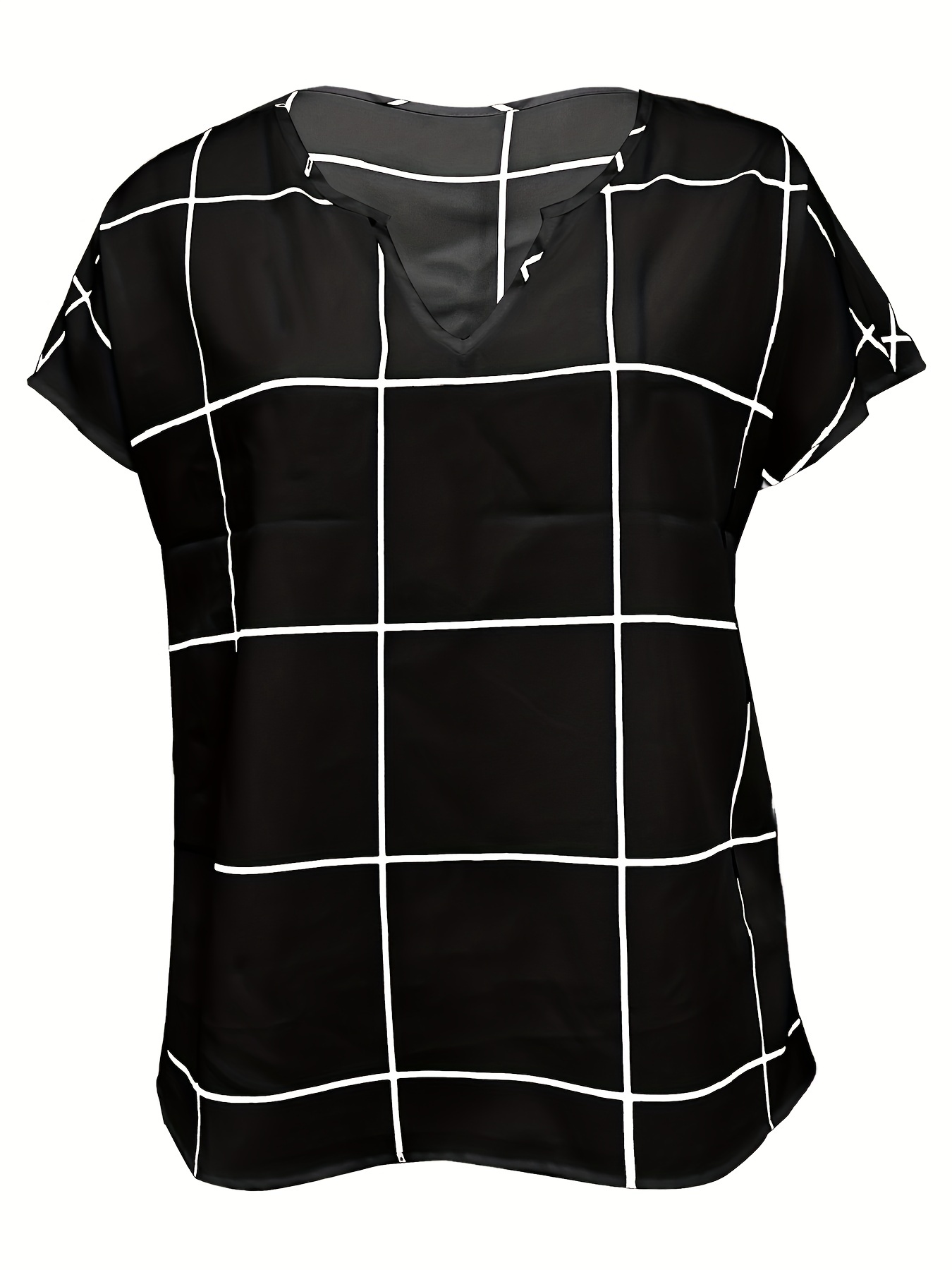 plaid notched neck blouse casual short sleeve blouse for spring summer womens clothing details 42