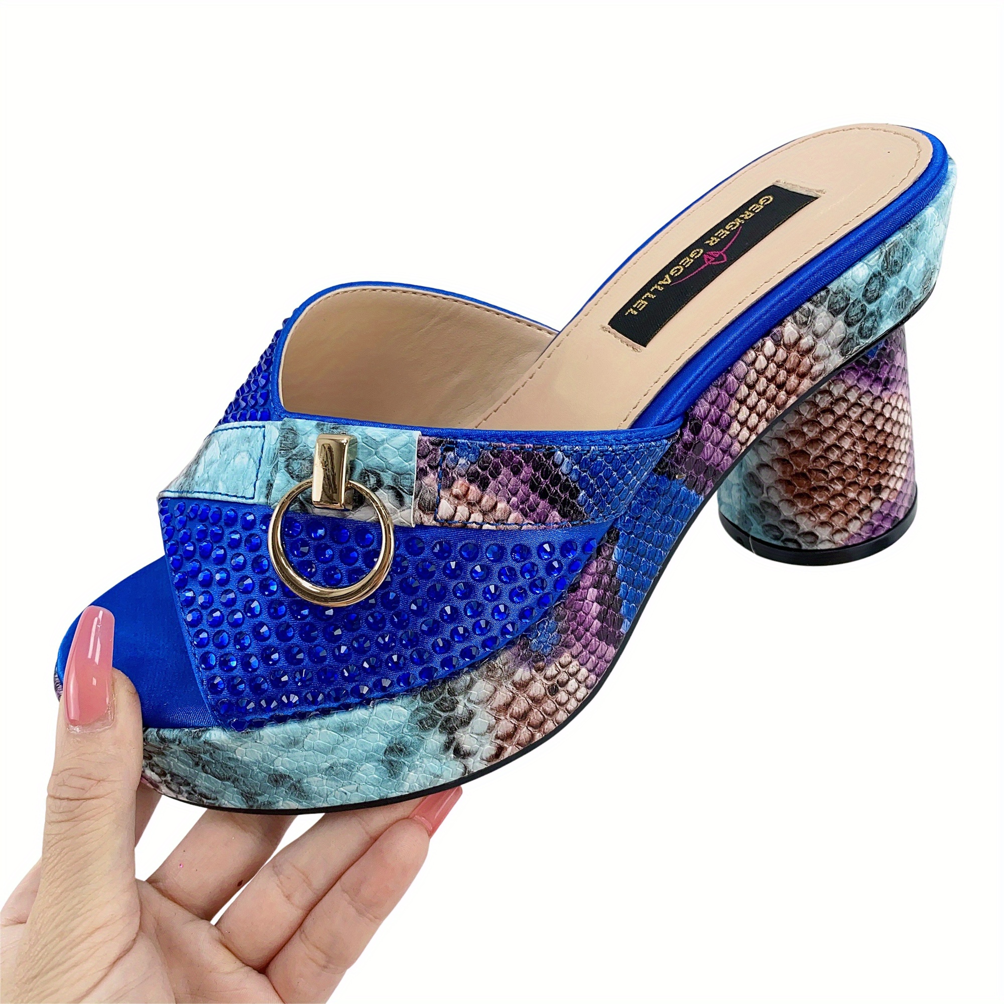 womens snakeskin rhinestone pattern sandasl slip on peep toe platform chunky heel shoes summer casual party shoes details 3