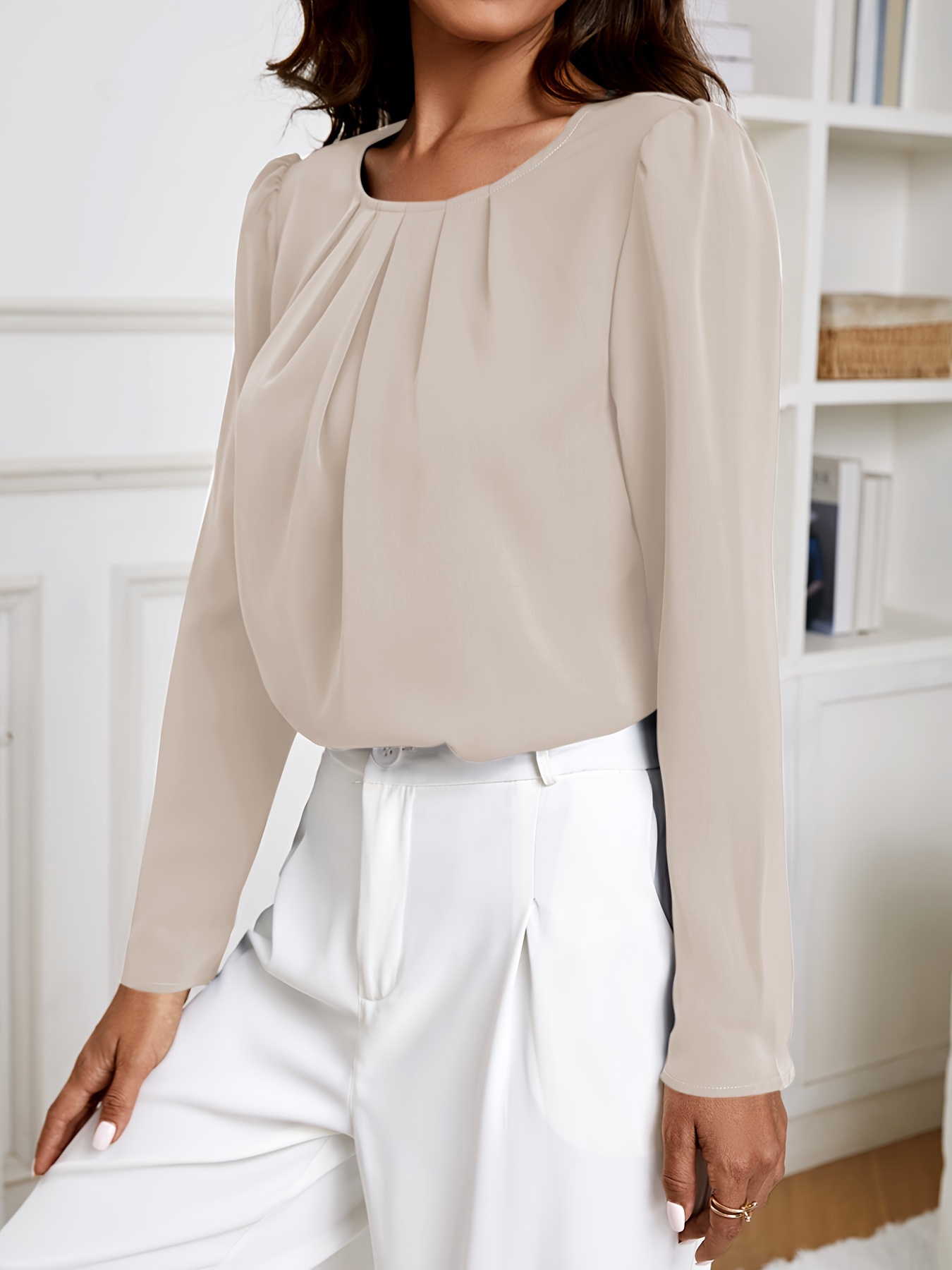 solid crew neck ruched blouse elegant long sleeve blouse for spring fall womens clothing details 35