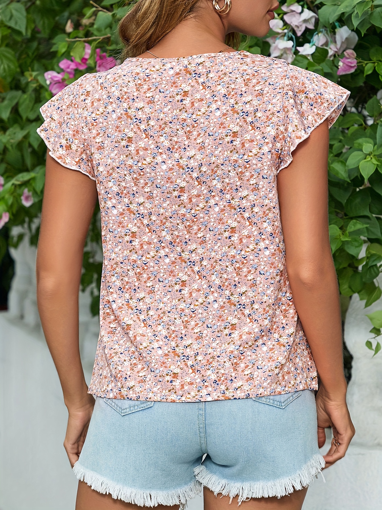 ditsy floral print blouse casual crew neck ruffle sleeve blouse womens clothing details 3