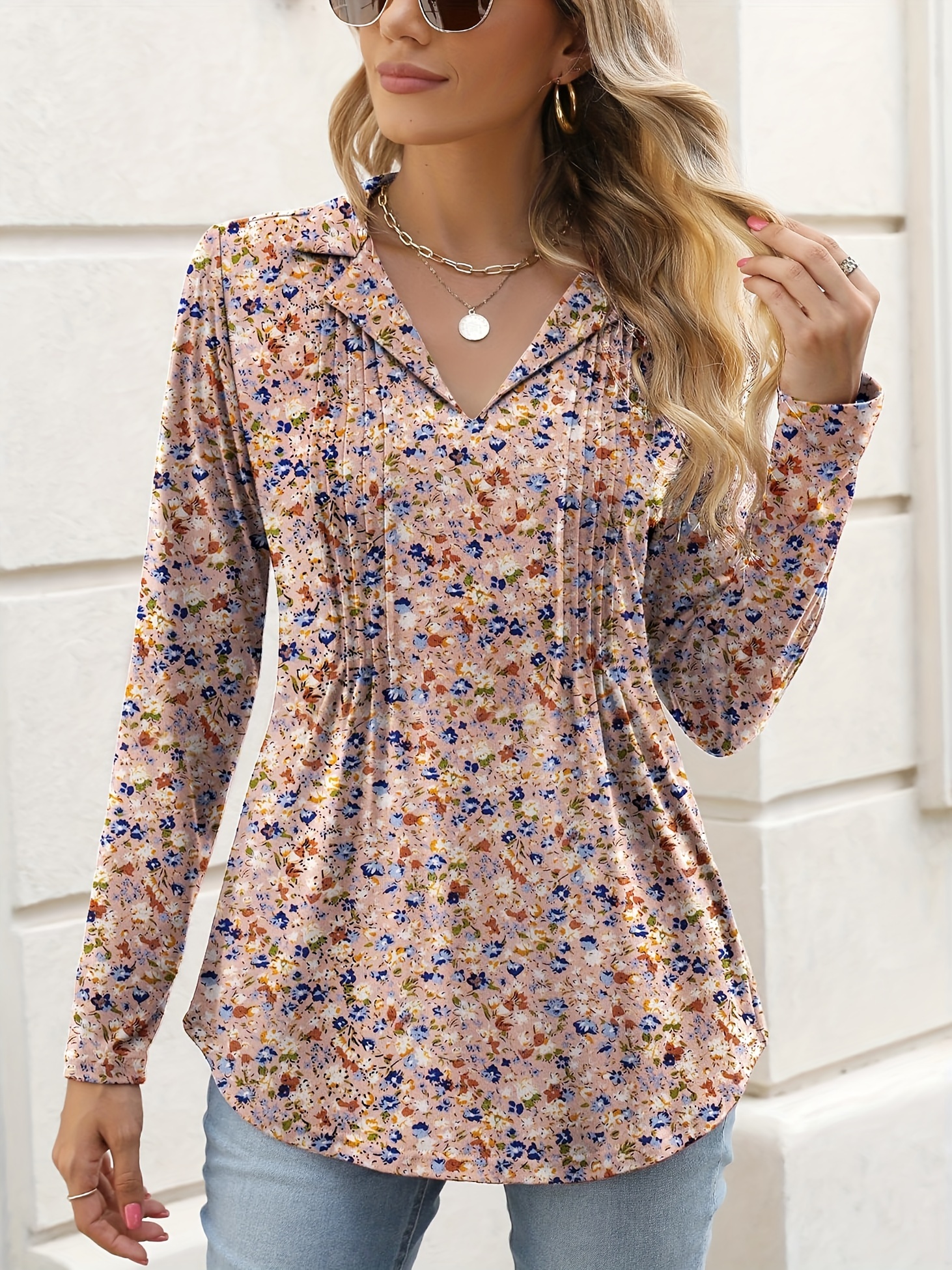 allover print v neck lapel blouse vintage long sleeve blouse for spring fall womens clothing details 3