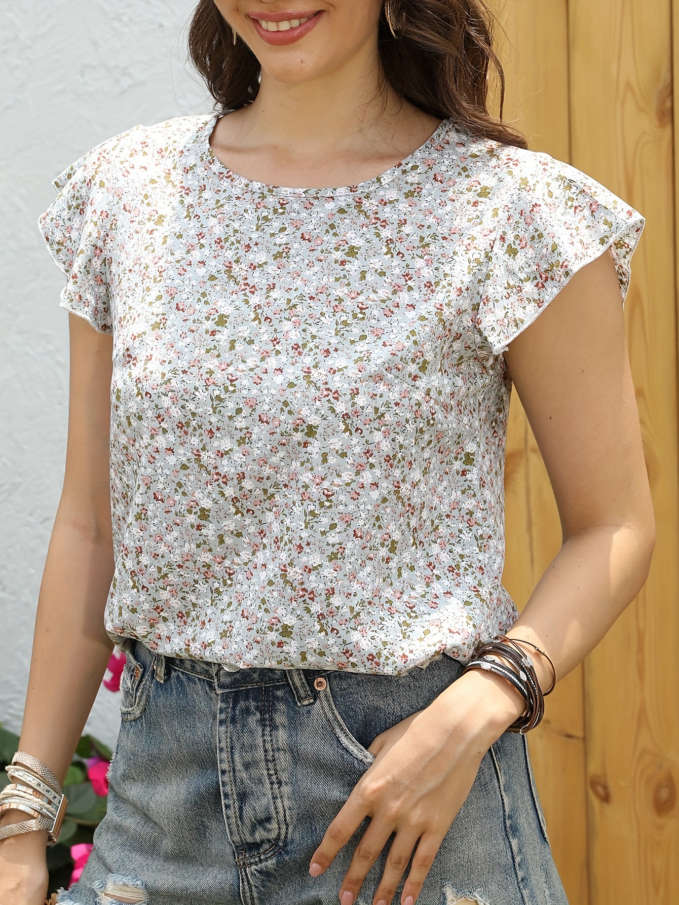 ditsy floral print blouse casual crew neck ruffle sleeve blouse womens clothing details 10