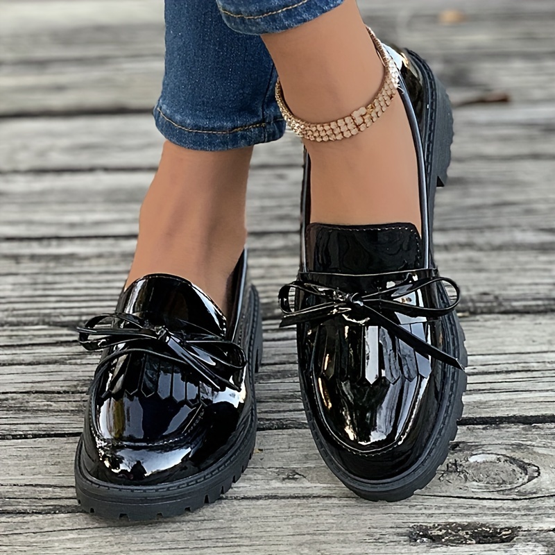 womens tassel bow loafers solid color round toe patent leather shoes all match slip on loafers details 8
