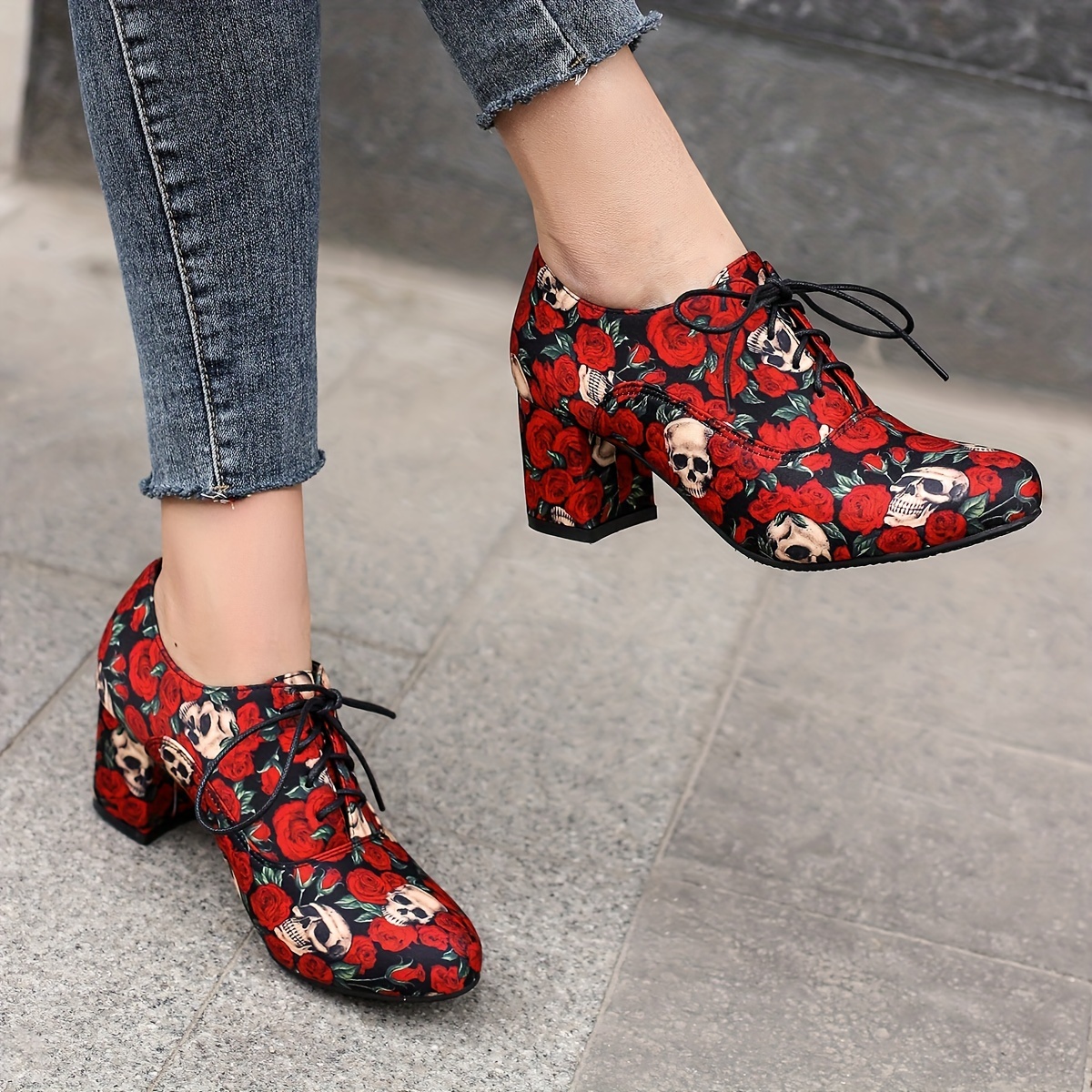 womens skull rose pattern chunky heels fashion lace up outdoor pumps halloween round toe heels details 2