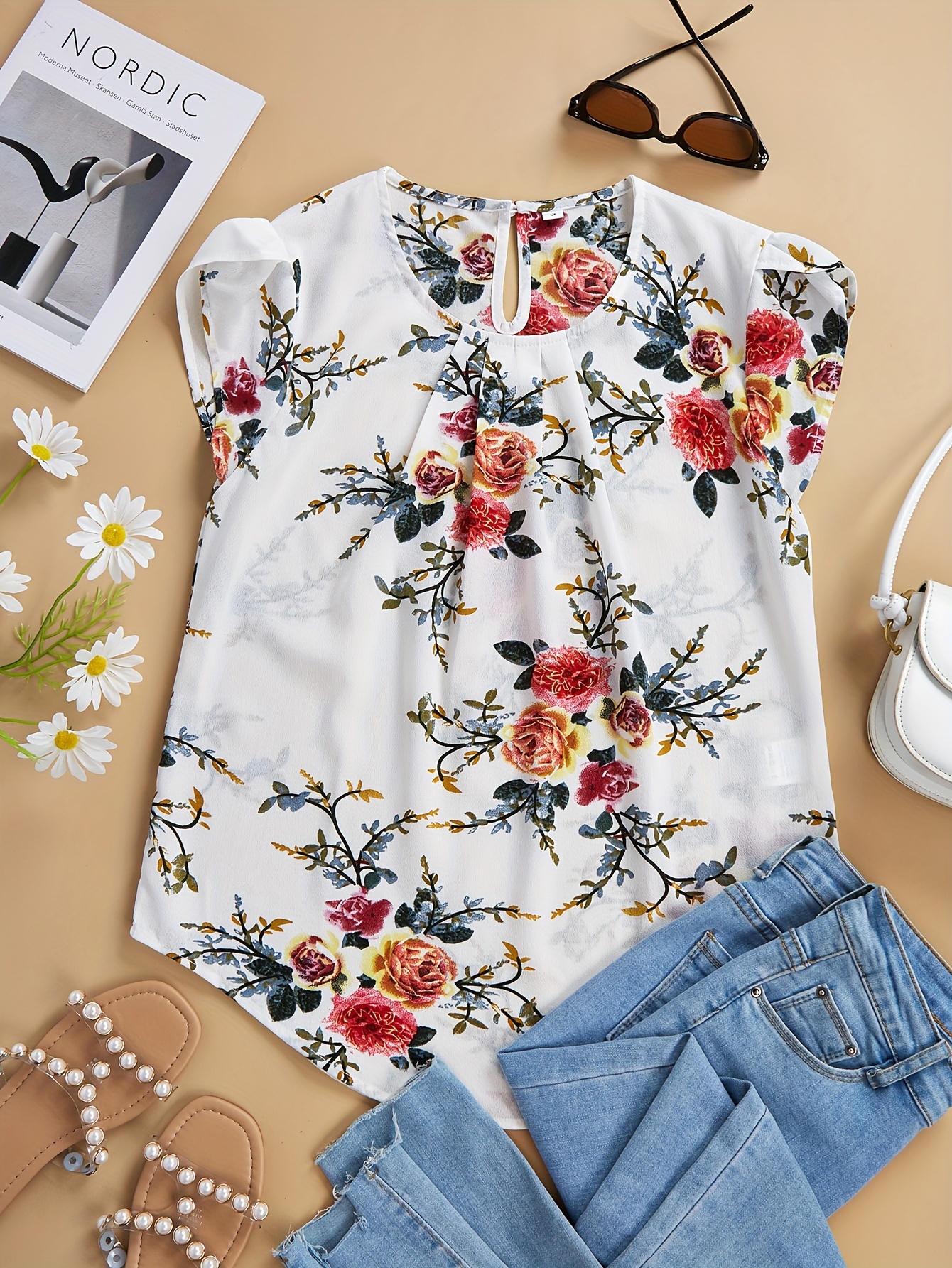 vintage floral print blouse elegant crew neck petal sleeve keyhole blouse womens clothing details 0