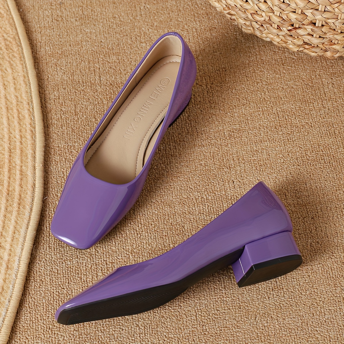 womens square toe chunky heels solid color slip on patent leather shoes all match work shoes details 10